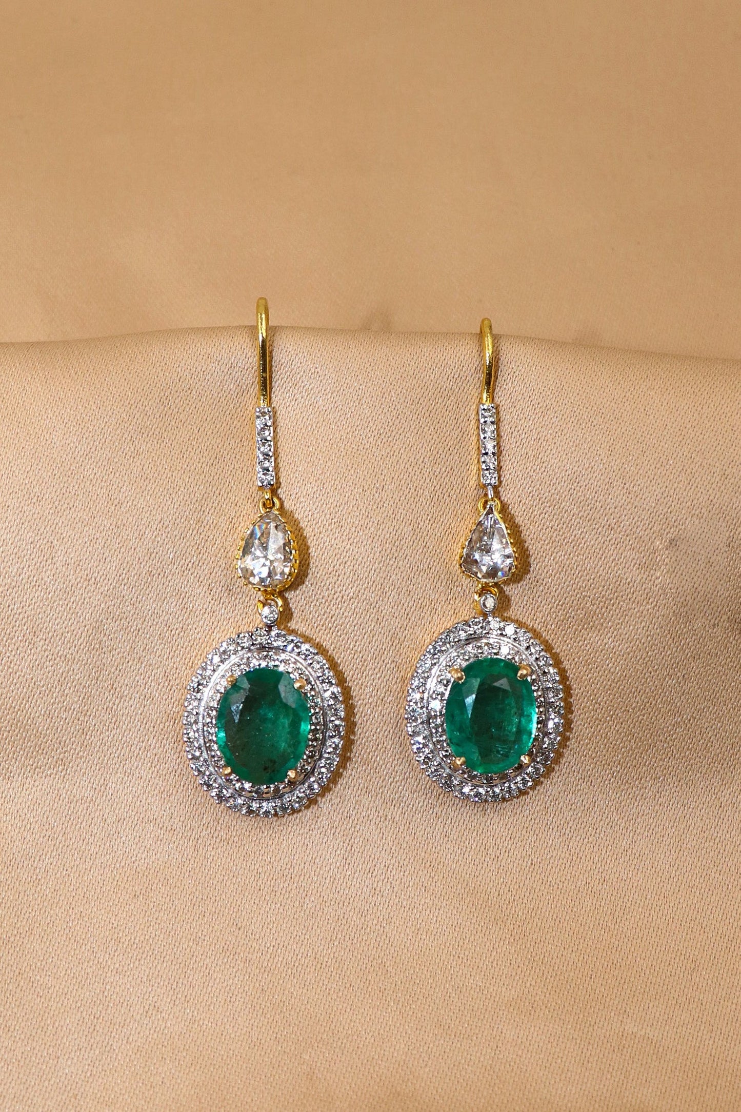 14KT Gold Emerald Gemstone With Diamonds Hook Earring Jewelry - SurabhiJewels