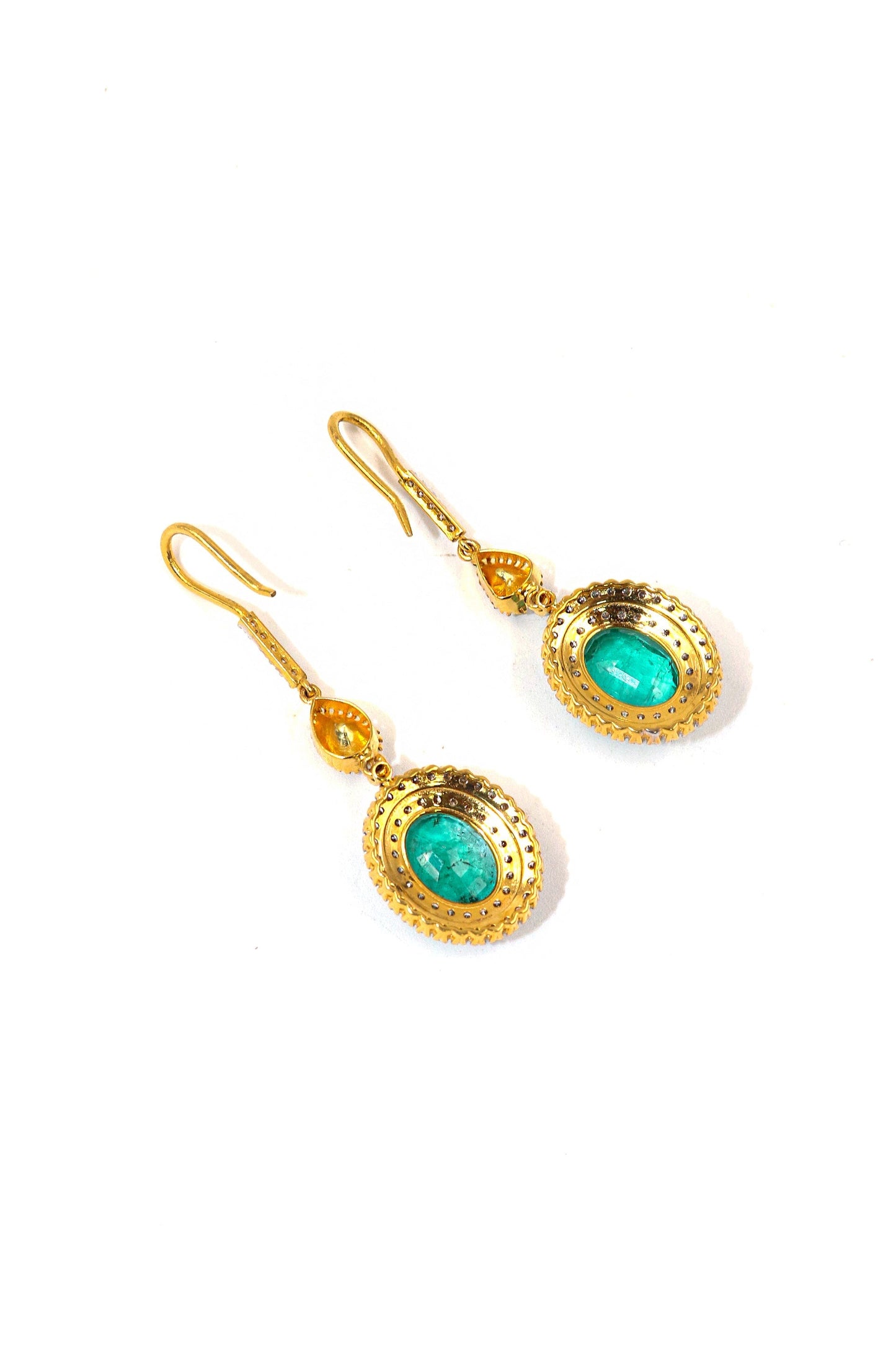 14KT Gold Emerald Gemstone With Diamonds Hook Earring Jewelry - SurabhiJewels