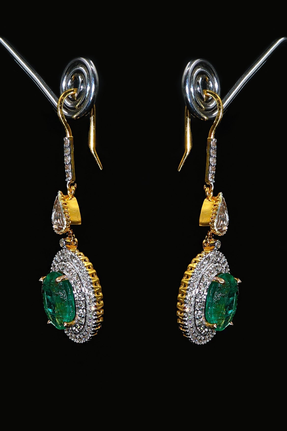 14KT Gold Emerald Gemstone With Diamonds Hook Earring Jewelry - SurabhiJewels