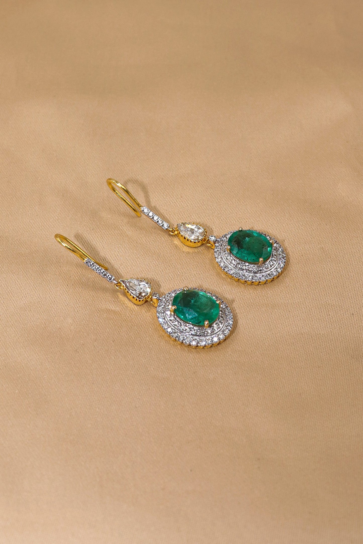 14KT Gold Emerald Gemstone With Diamonds Hook Earring Jewelry - SurabhiJewels