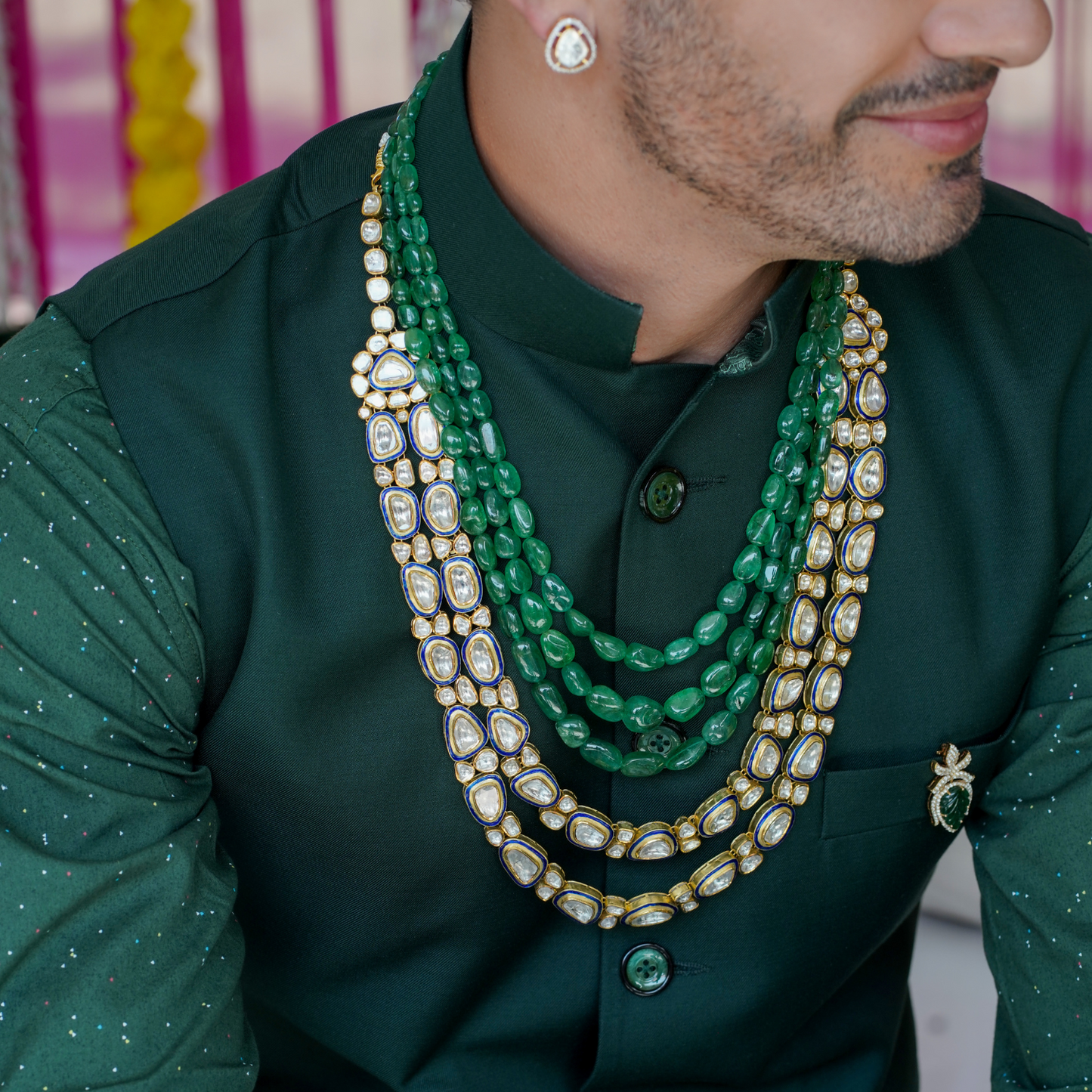 Natural Emerald String Groom Necklace /Gold Dimaond Polki Meenakari Necklace /Emerald Gold Diamond Broach