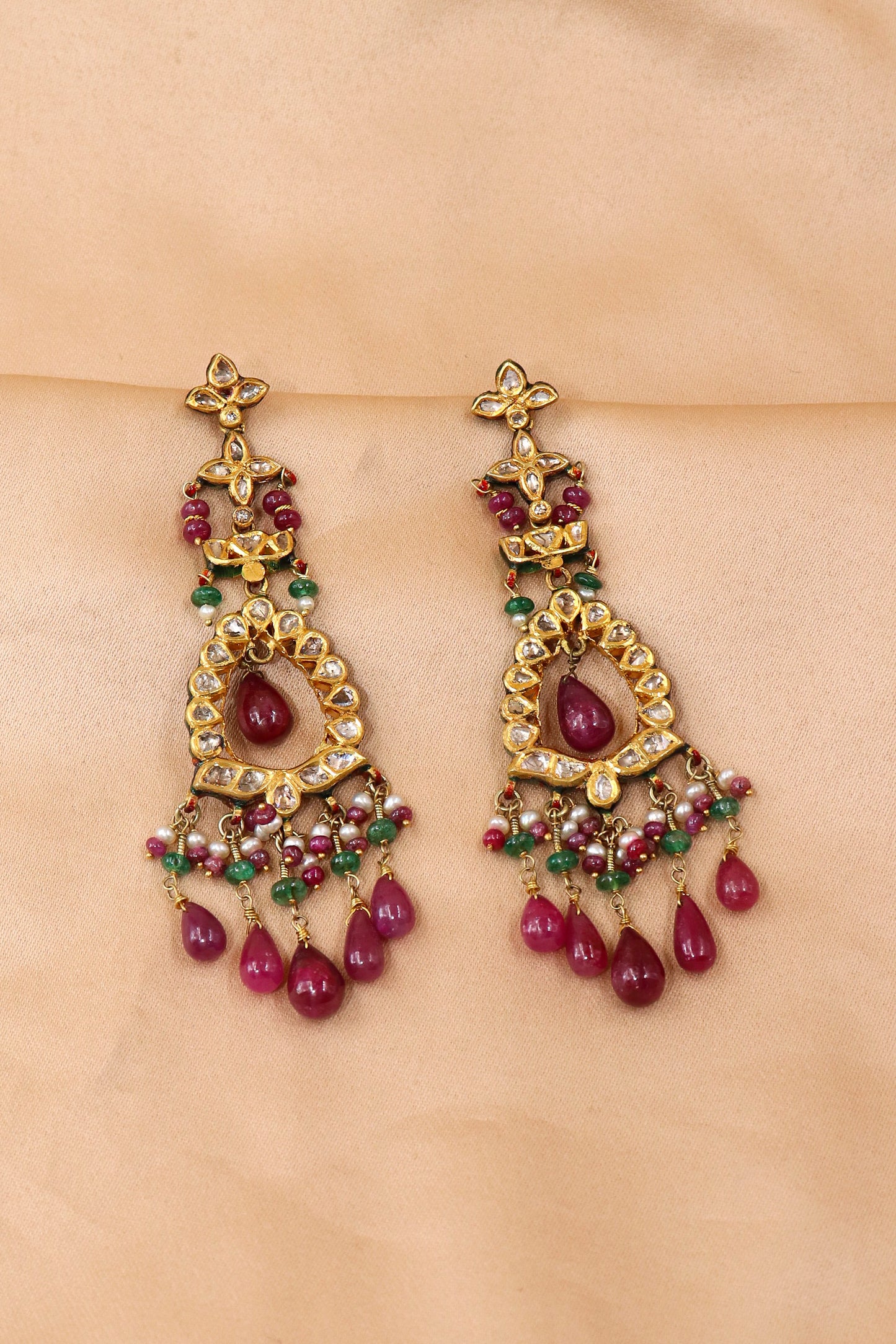 Royal Ruby & Emerald Polki Diamond Gold Earrings