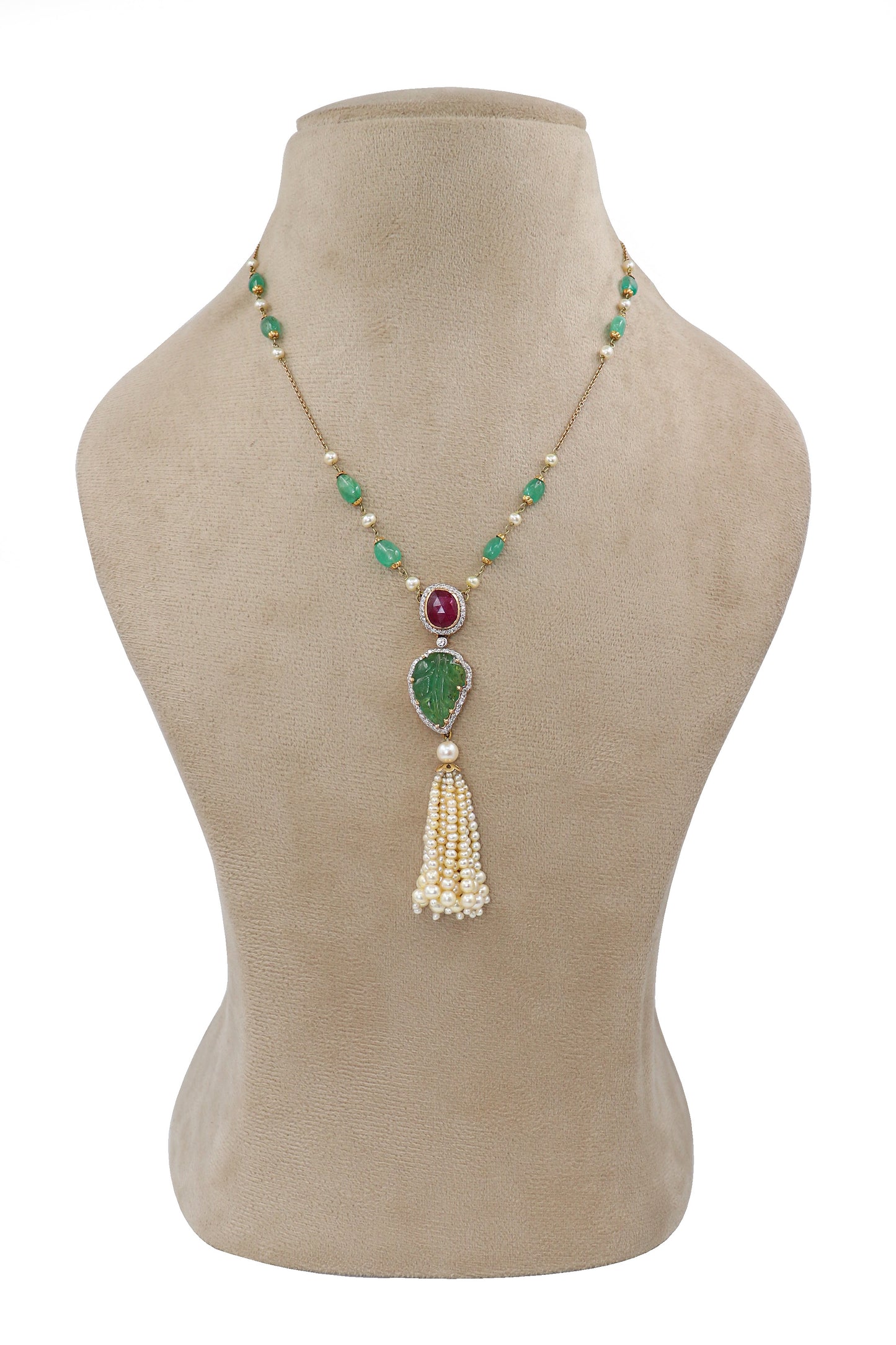 Tanuja Necklace : Emerald Ruby Pearl Gold Diamond Chain Necklace