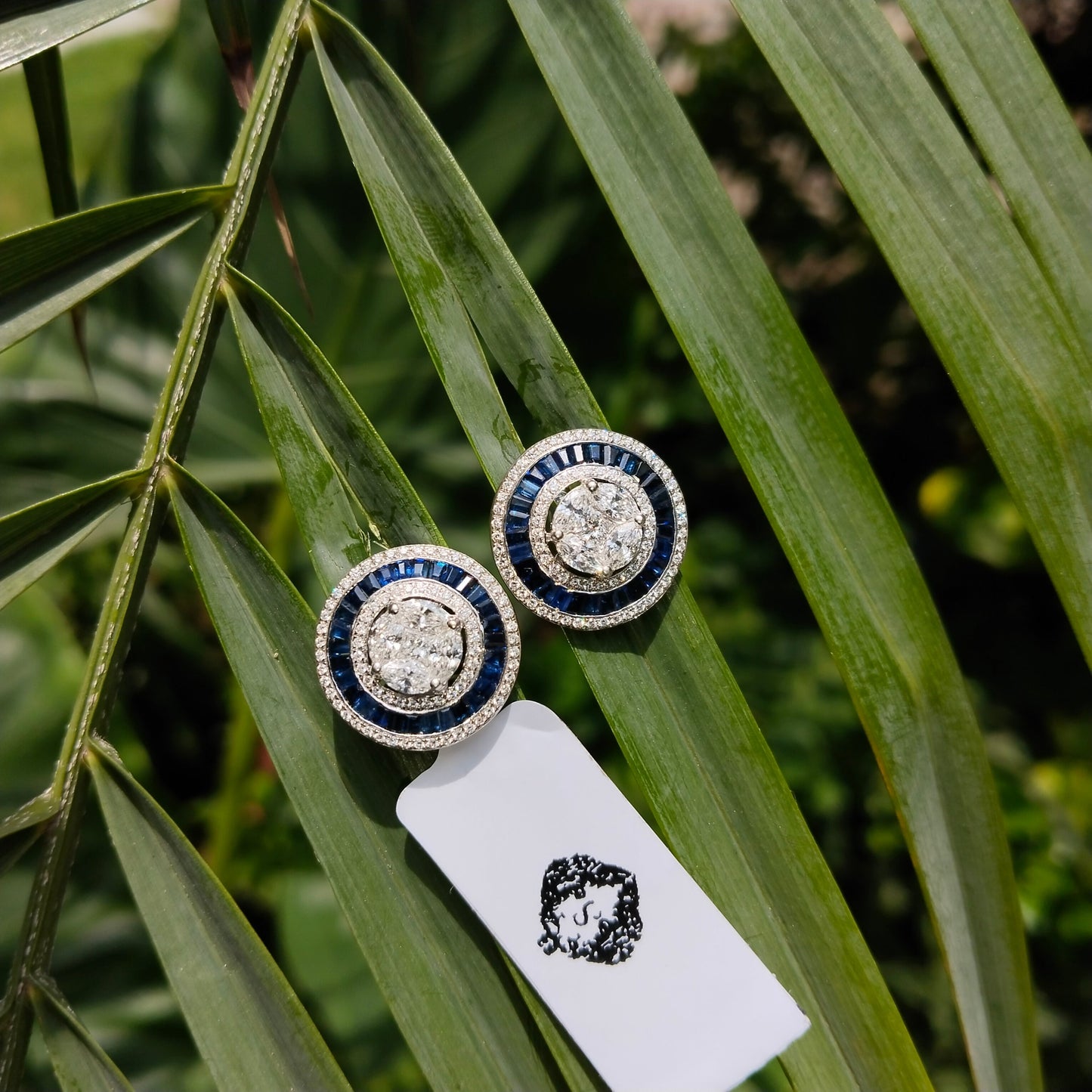 Blue Sapphire & Diamond Stud Earrings 18k White Gold Stud Earrings - SurabhiJewels