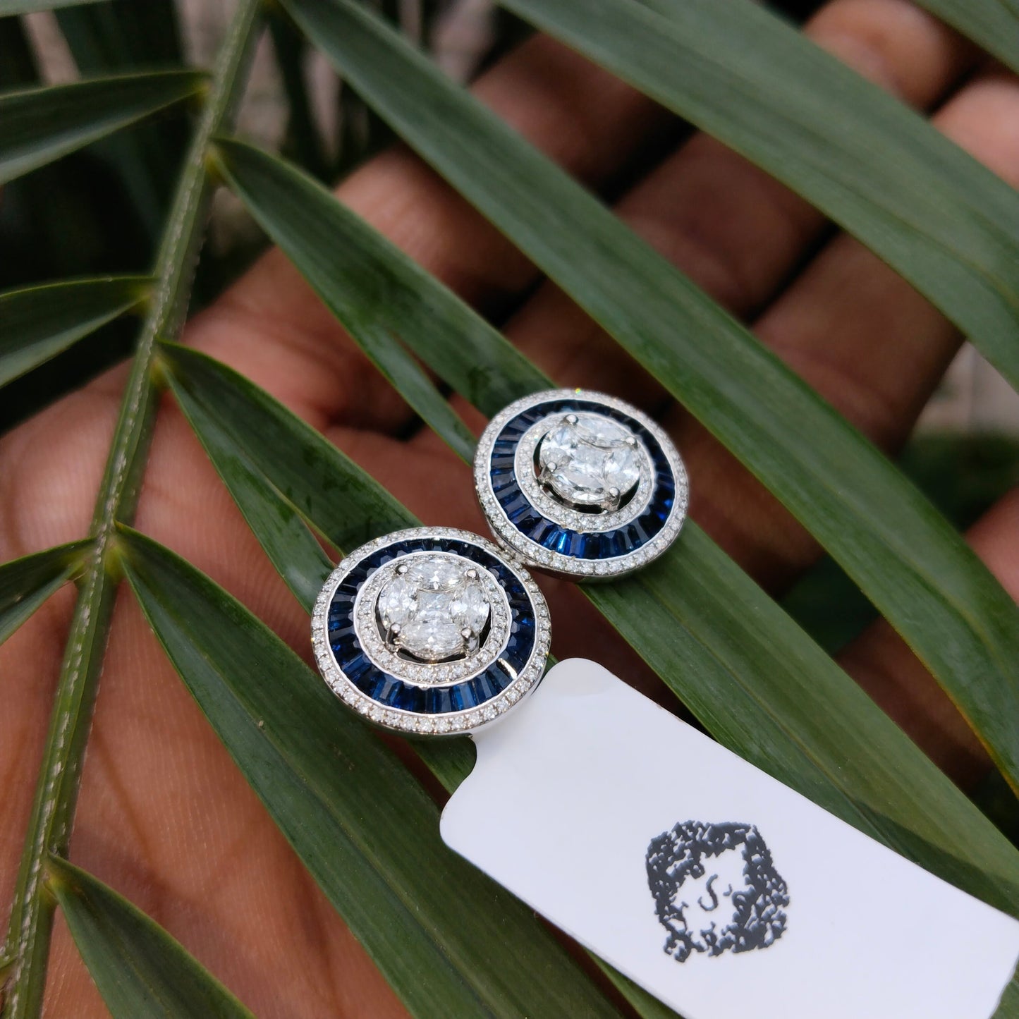 Blue Sapphire & Diamond Stud Earrings 18k White Gold Stud Earrings - SurabhiJewels