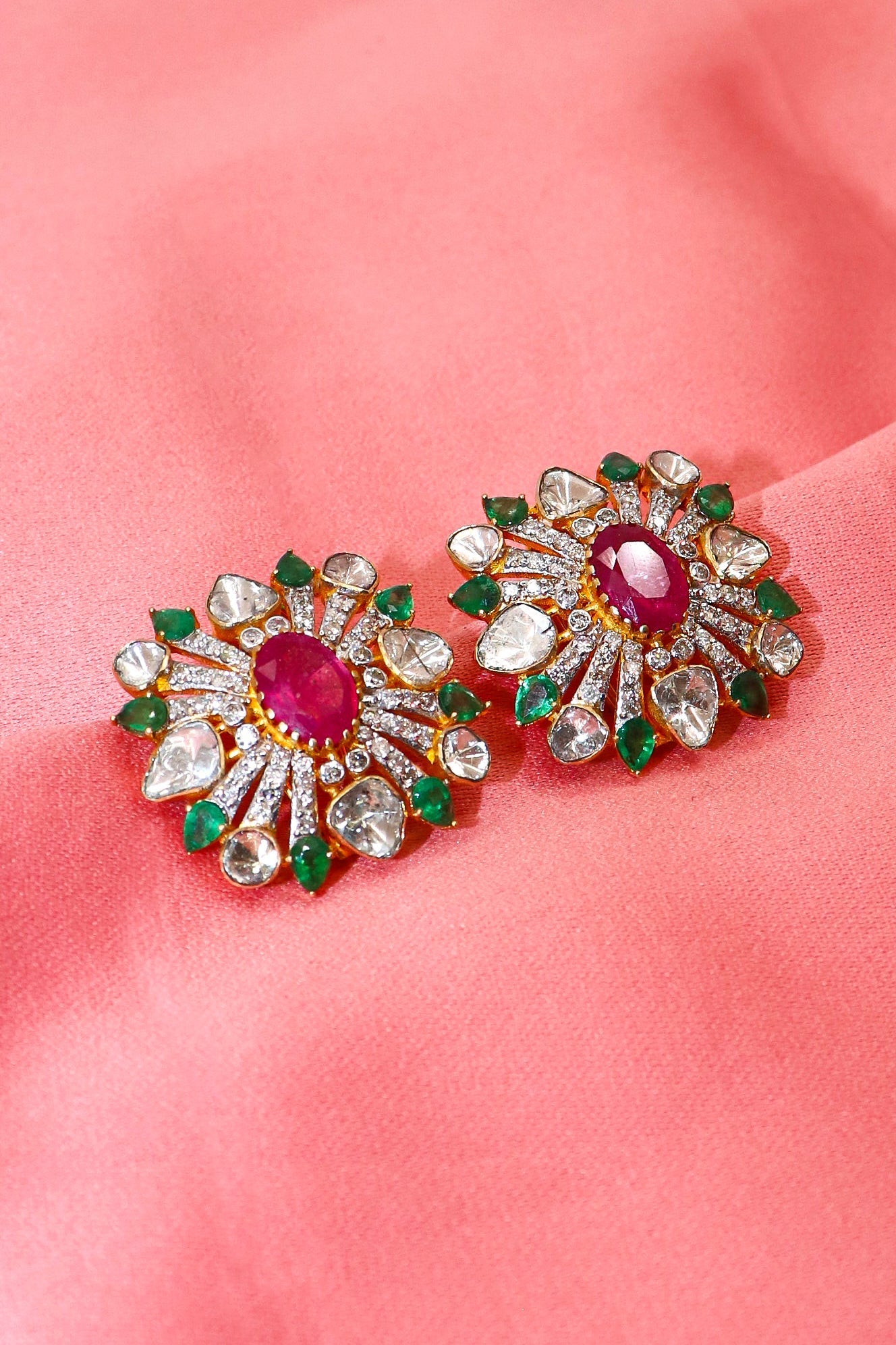 Elegant Jadau Gold Earrings with Precious Stones - SurabhiJewels