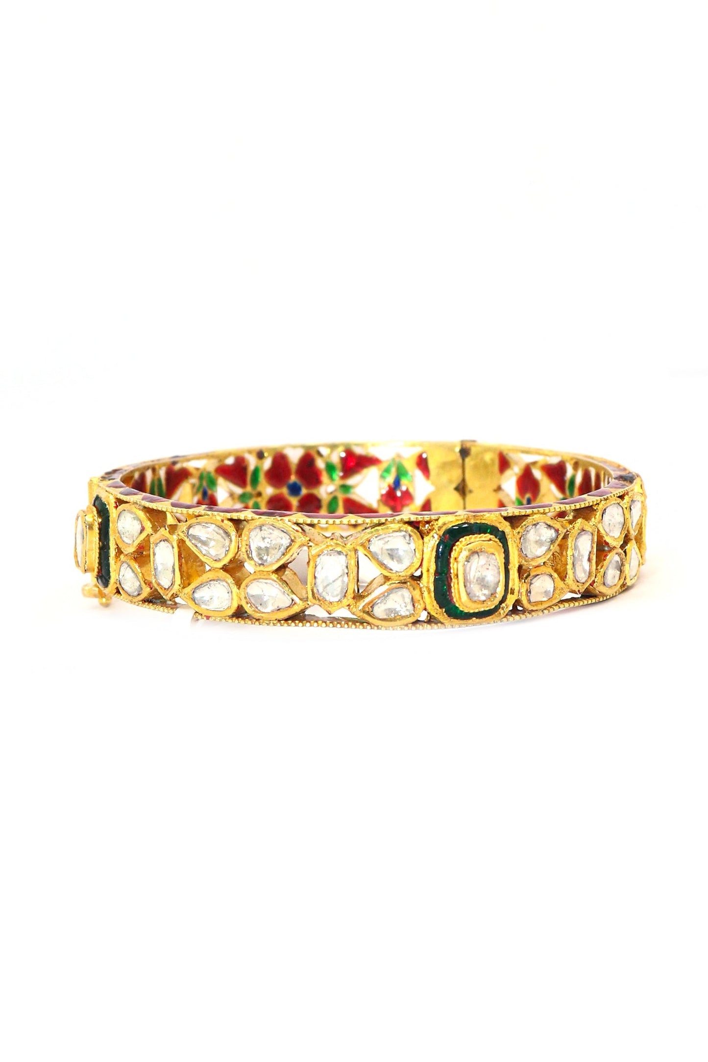 Ethereal Bliss: Diamond Polki With Minakari Art Gold Bangle - SurabhiJewels