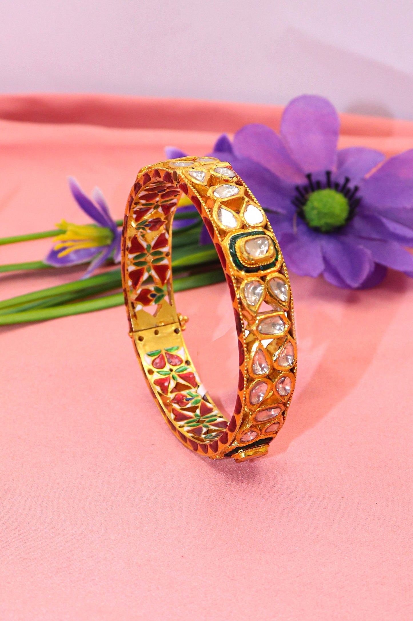 Ethereal Bliss: Diamond Polki With Minakari Art Gold Bangle - SurabhiJewels