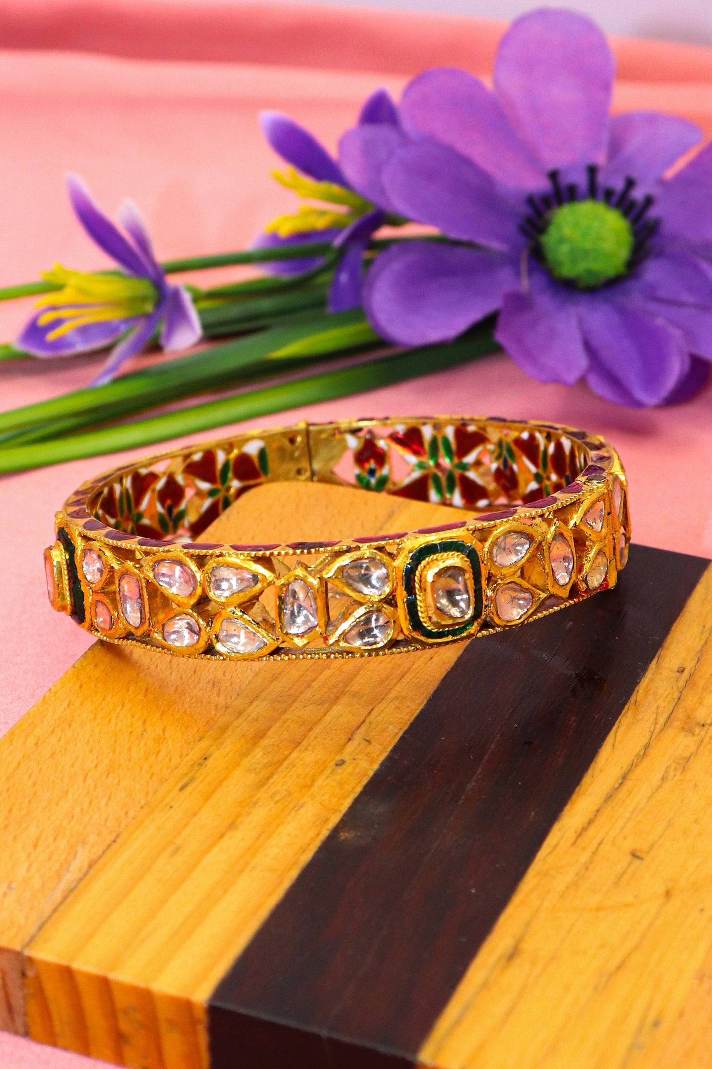 Ethereal Bliss: Diamond Polki With Minakari Art Gold Bangle - SurabhiJewels