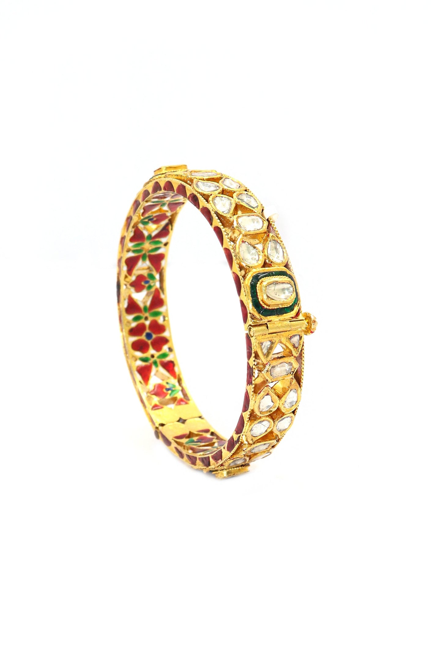 Ethereal Bliss: Diamond Polki With Minakari Art Gold Bangle - SurabhiJewels