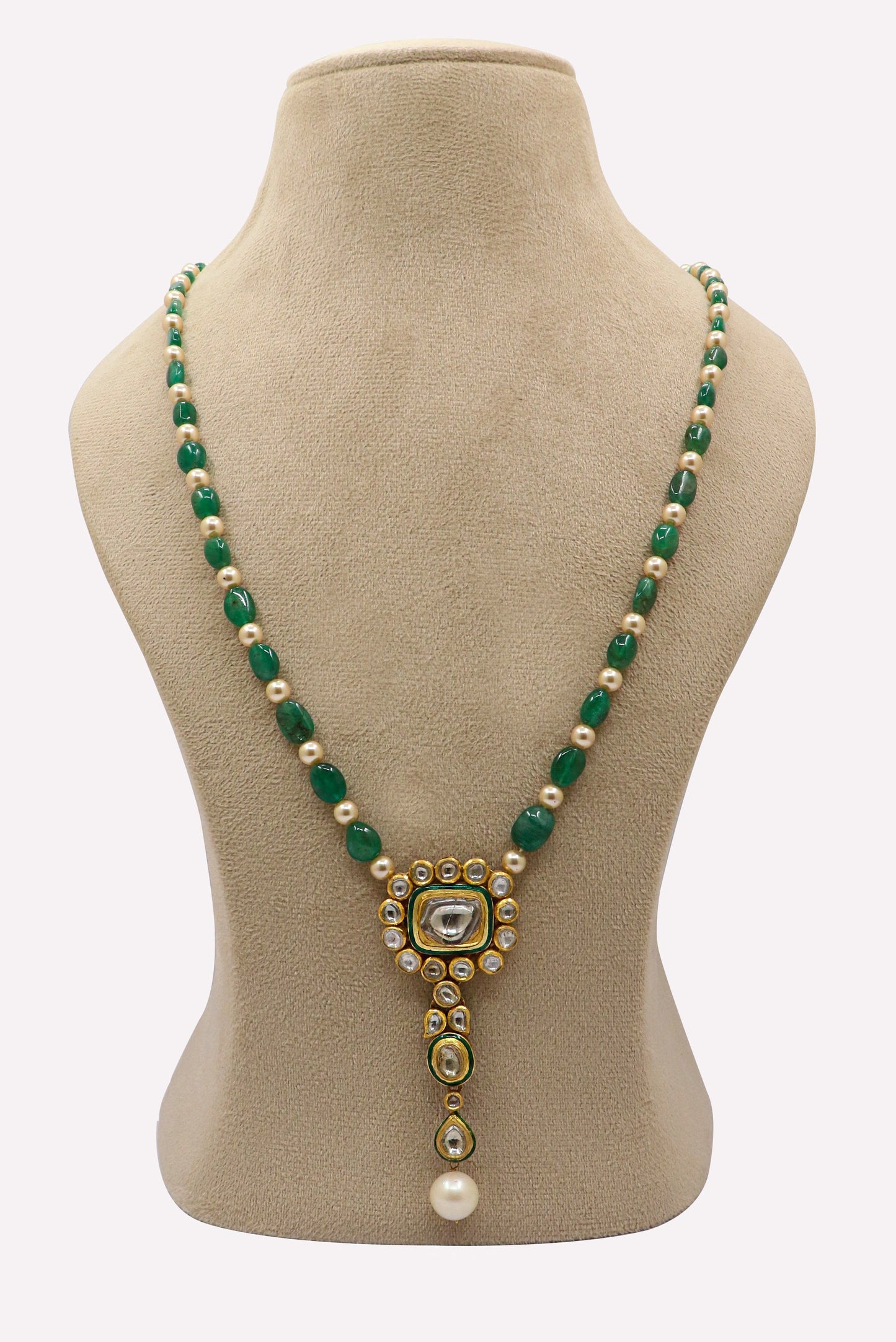 Pure Gold Emerald Peral With Polki Diamond Minakari Necklace - SurabhiJewels