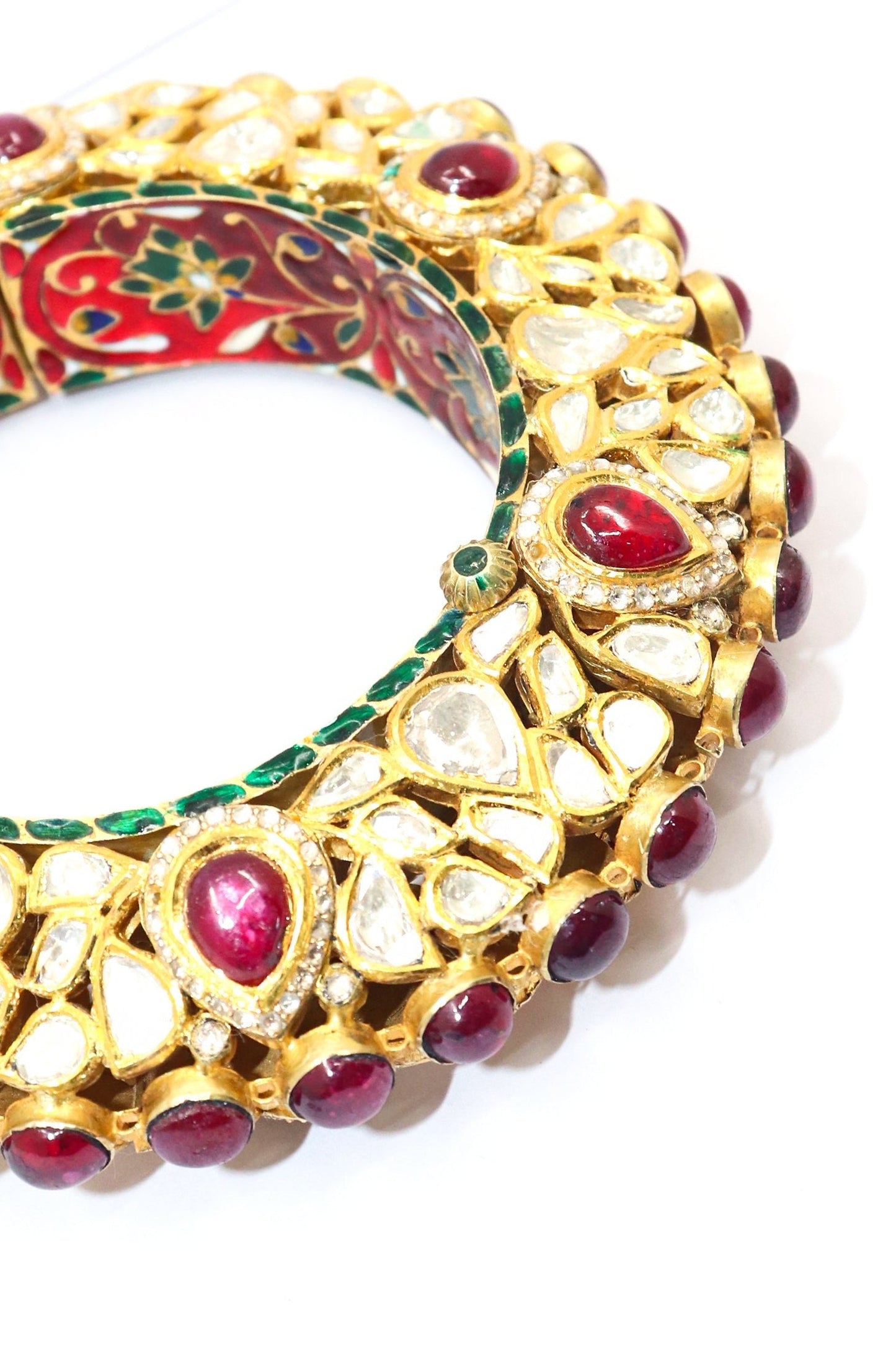 Radiant Charm Diamond Polki & Ruby Gemstone Bangle - SurabhiJewels