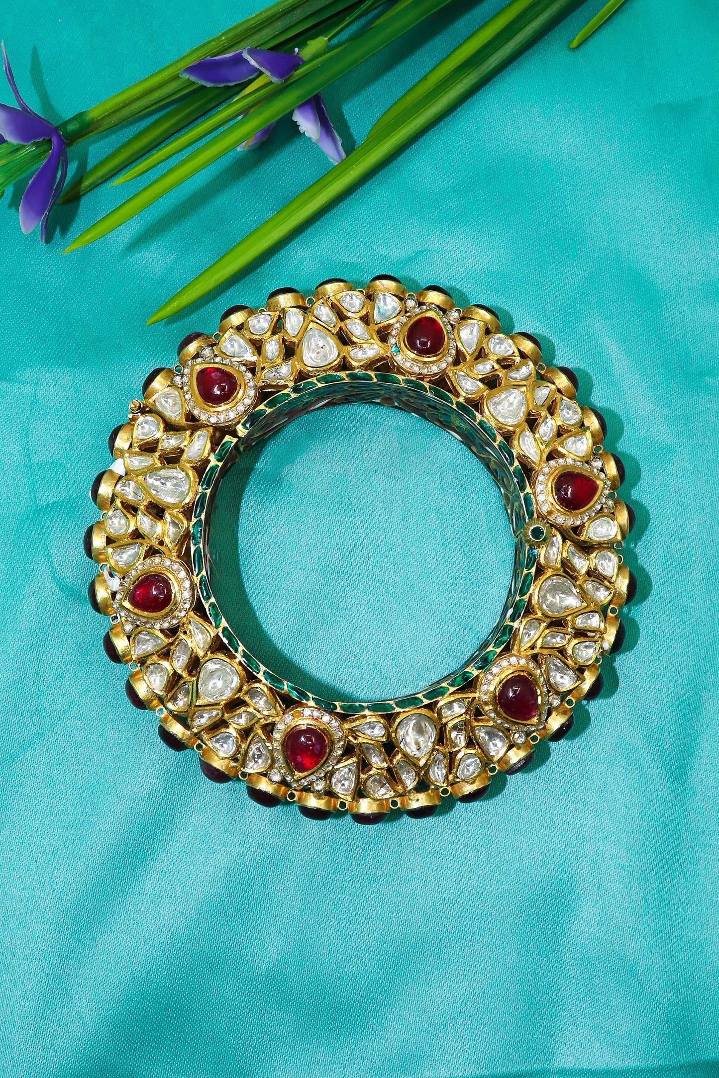 Radiant Charm Diamond Polki & Ruby Gemstone Bangle - SurabhiJewels