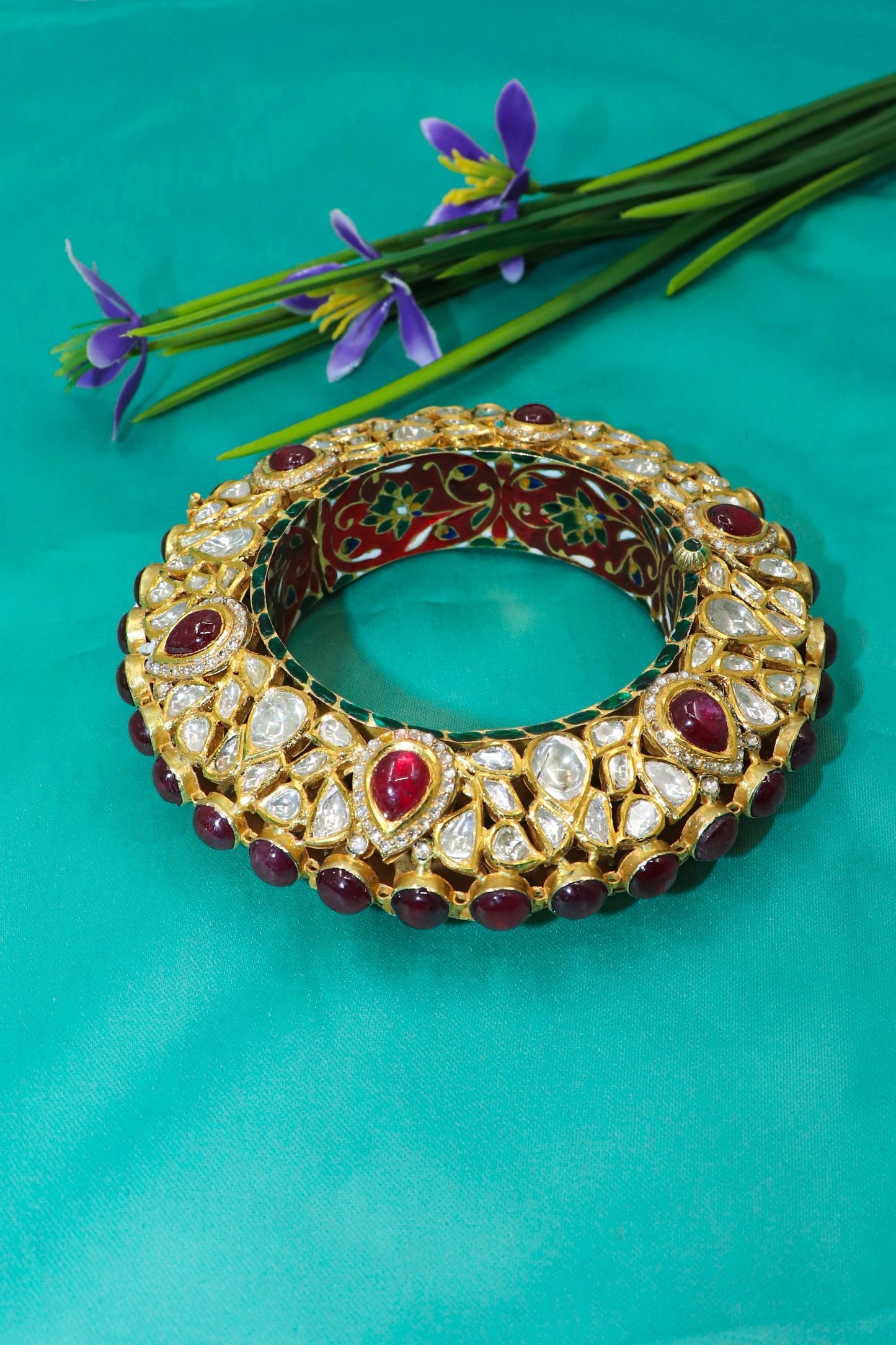 Radiant Charm Diamond Polki & Ruby Gemstone Bangle - SurabhiJewels