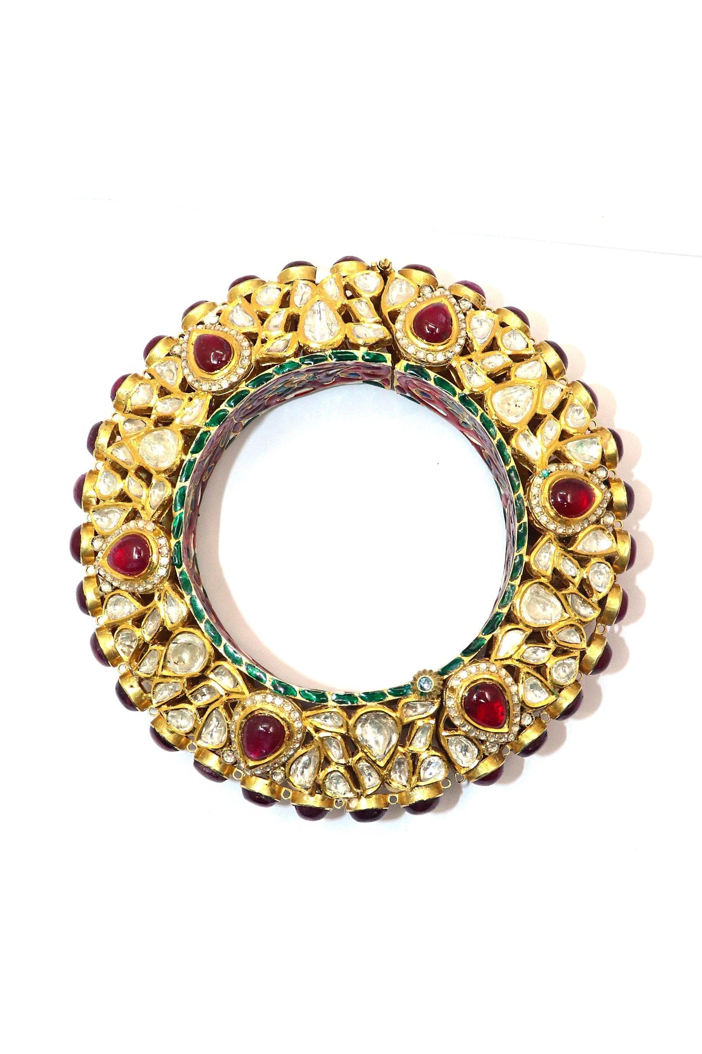 Radiant Charm Diamond Polki & Ruby Gemstone Bangle - SurabhiJewels