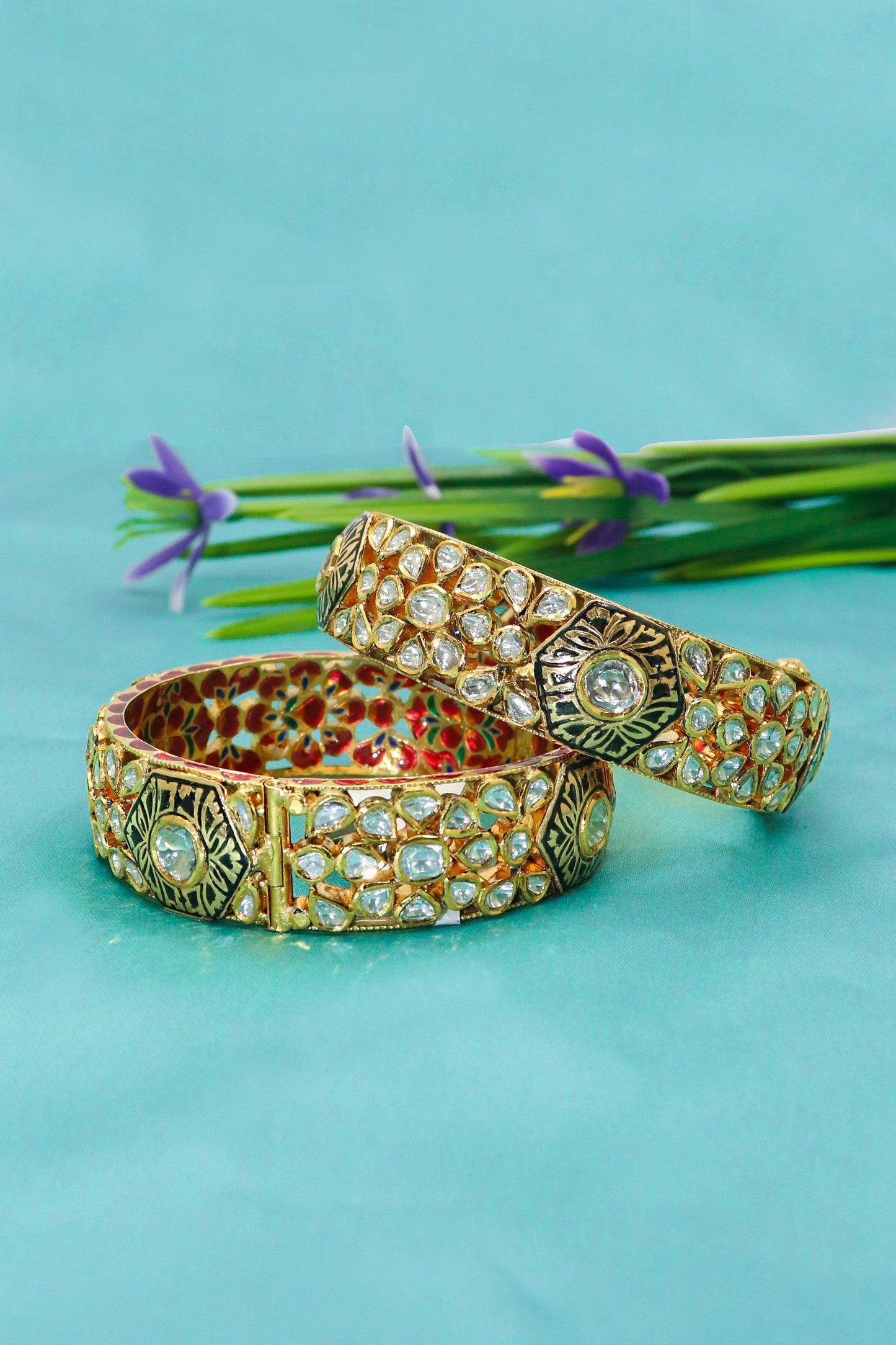 Royal Radiance Diamond Poklki & Minakari Art Jadau Bangle - SurabhiJewels