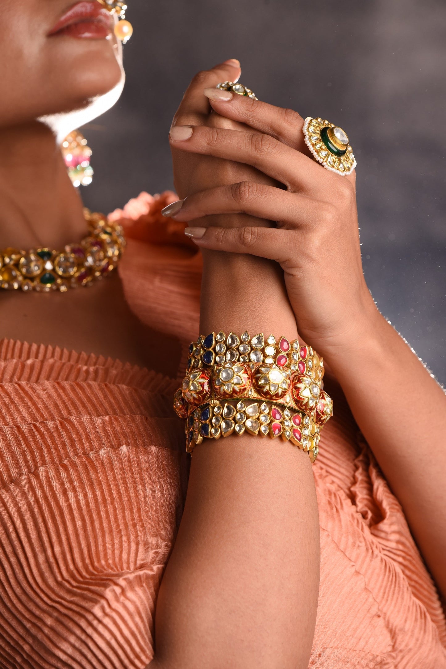 Uncut Diamond With Red Enamel Bangle - SurabhiJewels