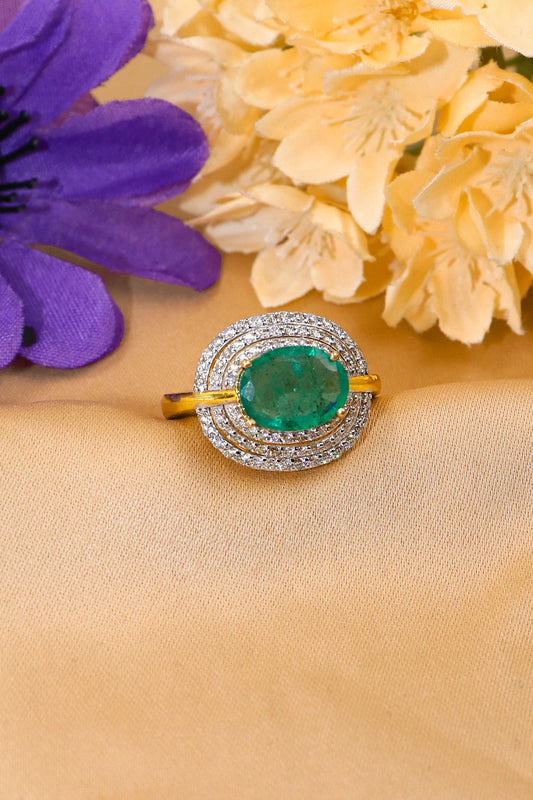 14 KT Gold Royal Touch Design Diamond with Emerald Gemstones Ring Jewlery - SurabhiJewels