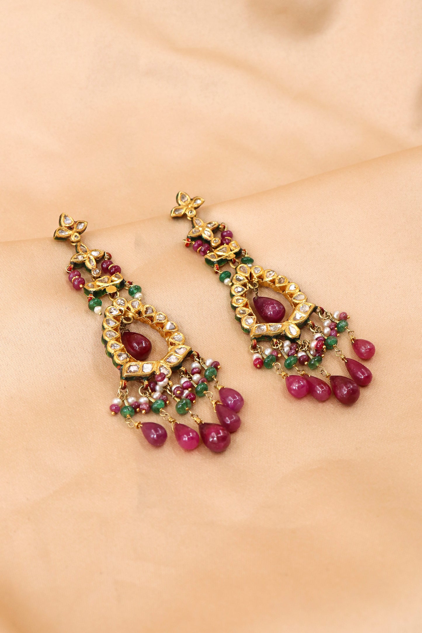 Royal Ruby & Emerald Polki Diamond Gold Earrings