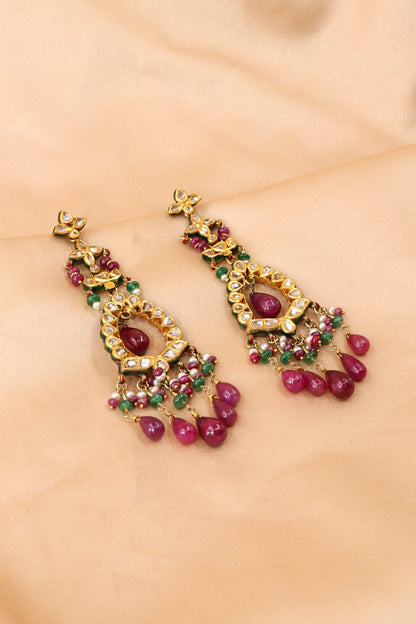 Royal Ruby & Emerald Polki Diamond Gold Earrings