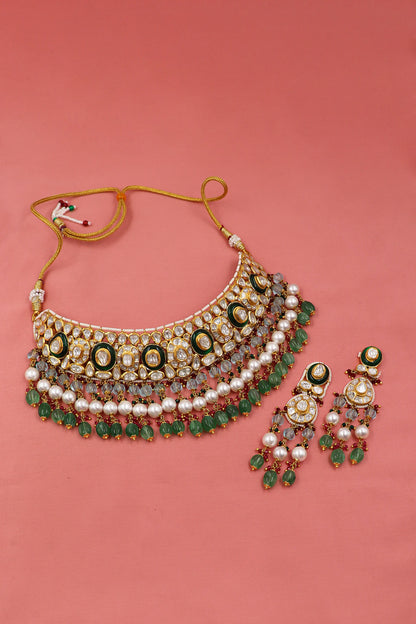 Padmini Necklace :Gold  Dimoand Polki Jadau Gesmtone Necklace Set