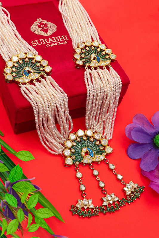 Aditi Necklace : Pure Gold Emerald Pearl With Polki Diamond Minakari Peacock Style Jadau Necklace - SurabhiJewels