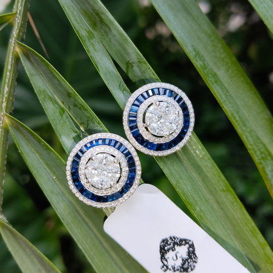 Blue Sapphire & Diamond Stud Earrings 18k White Gold Stud Earrings - SurabhiJewels