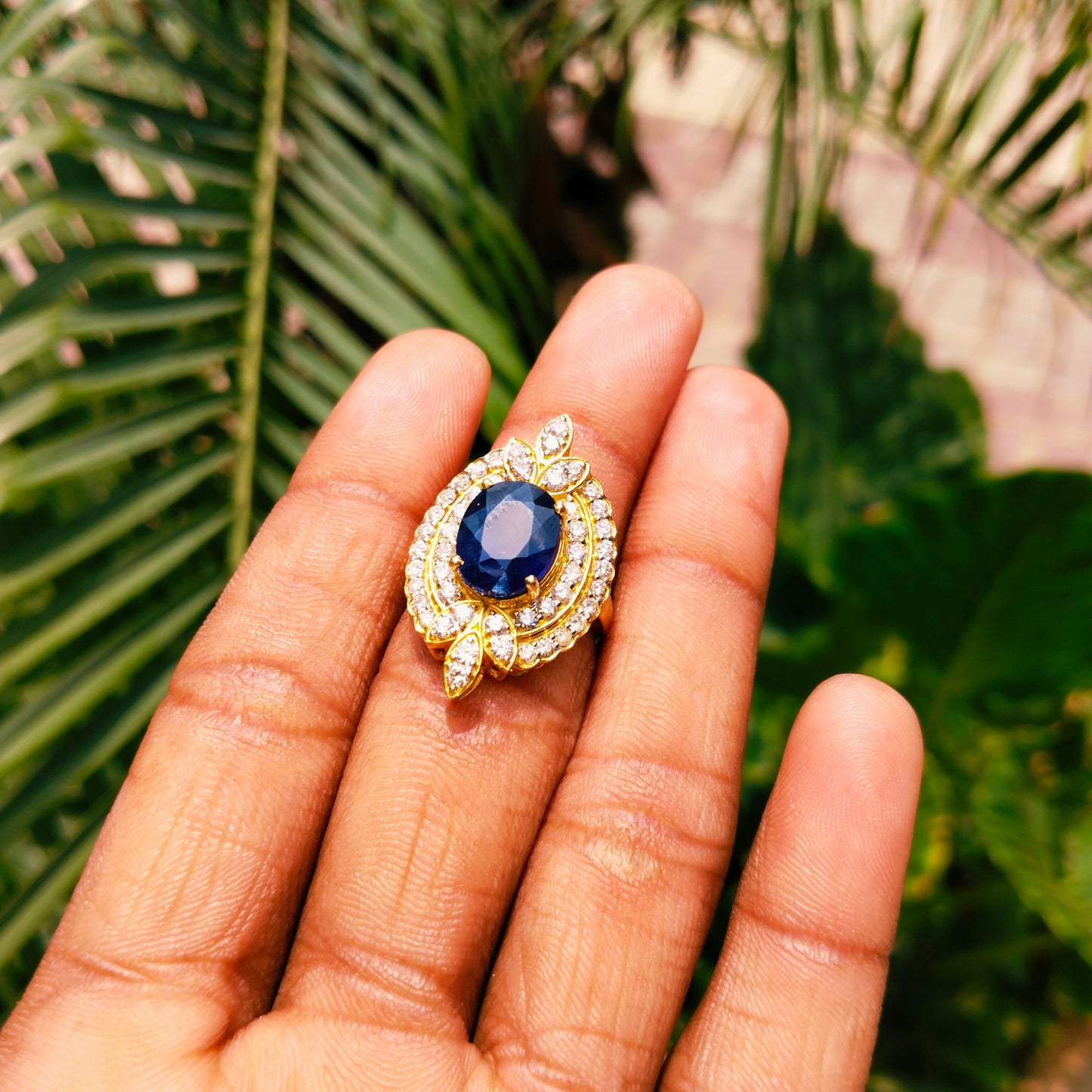 Blue Sapphire Gold Diamond Ring Stylish Women Jewelry - SurabhiJewels