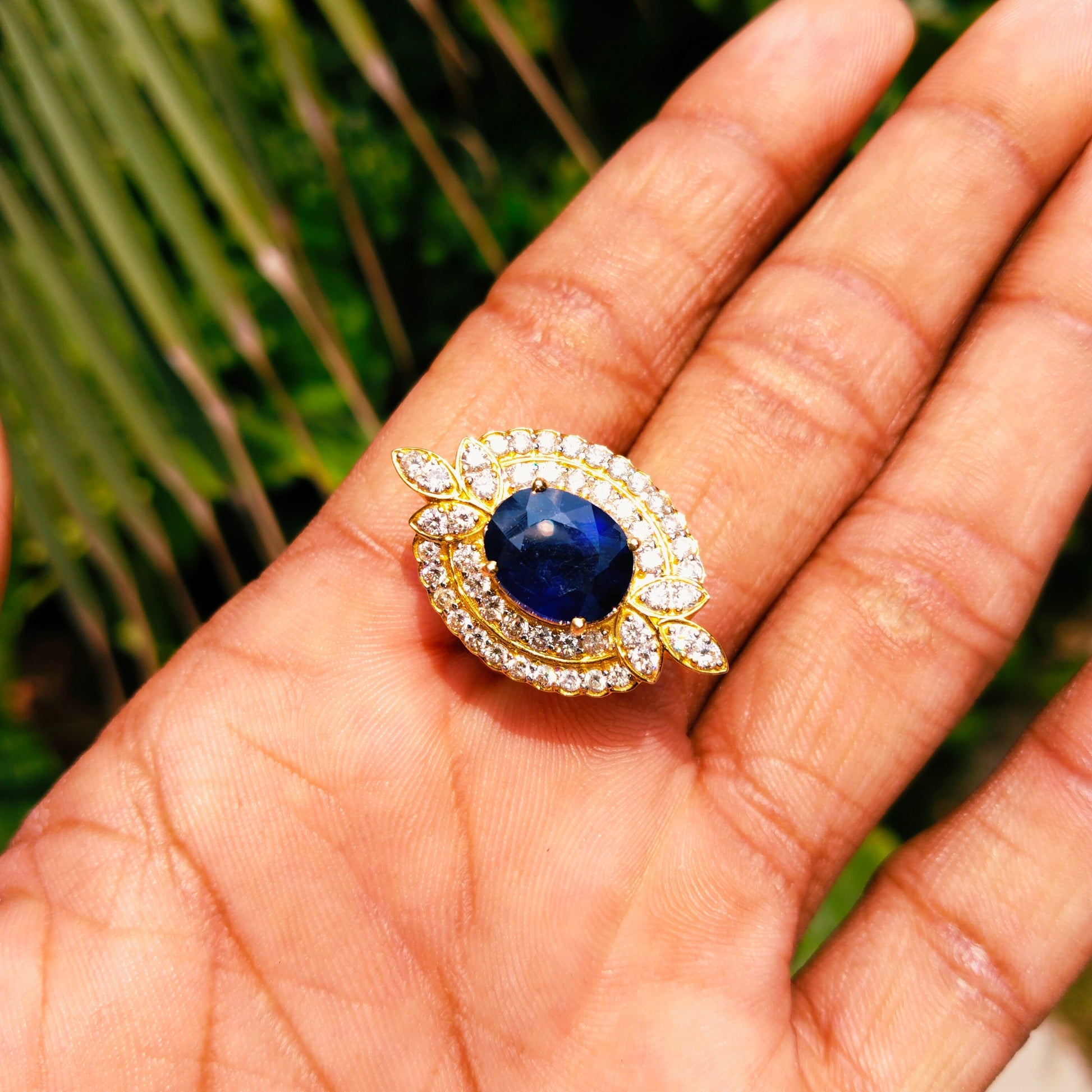 Blue Sapphire Gold Diamond Ring Stylish Women Jewelry - SurabhiJewels