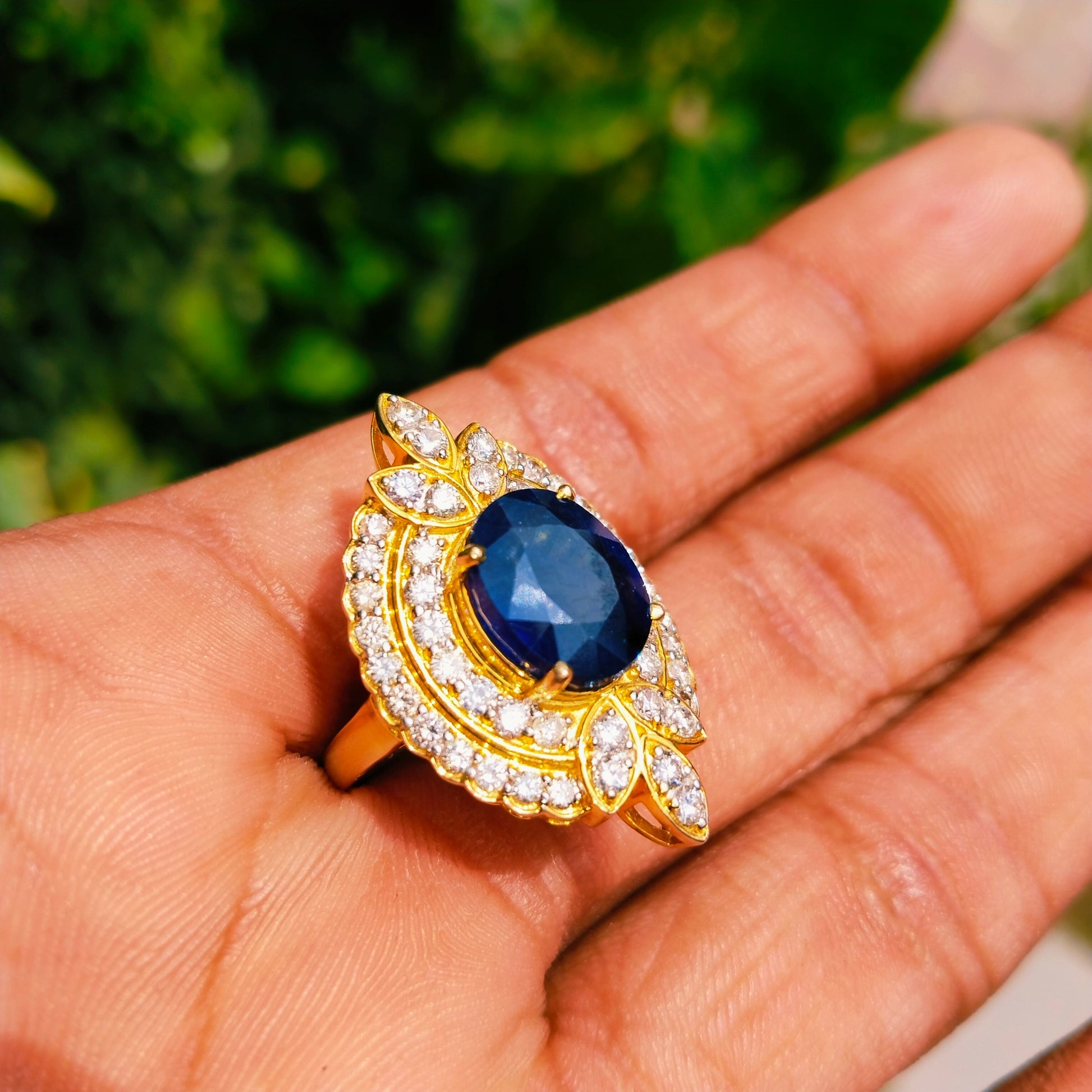 Blue Sapphire Gold Diamond Ring Stylish Women Jewelry - SurabhiJewels