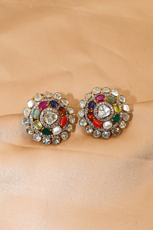 Bridal Navratan Earrings Royal and Regal Designs Studs For Bridal - SurabhiJewels