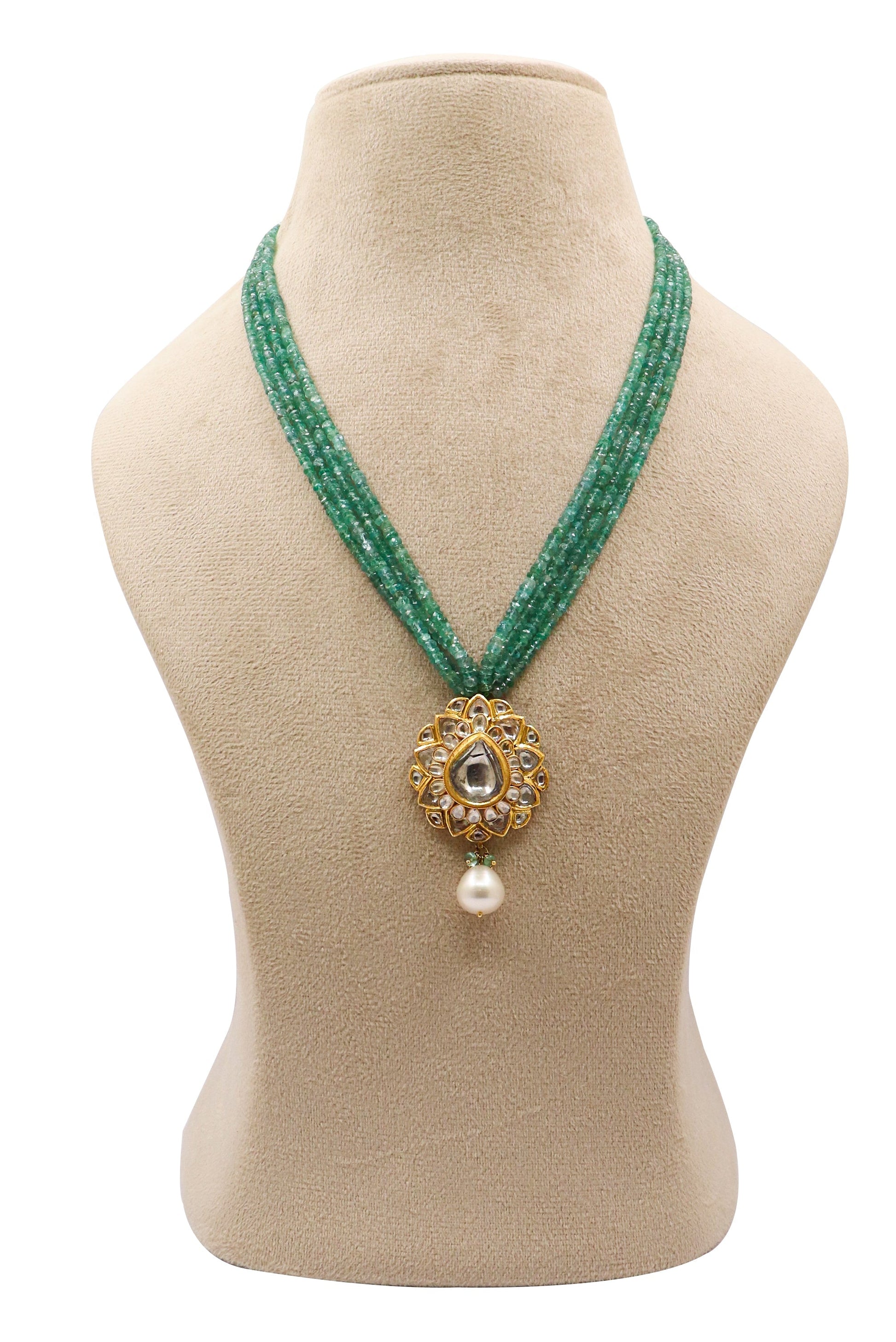 Dakshayani Necklace: Pure Gold Emerald Pearl With Polki Diamond Minakari Jadau Necklace - SurabhiJewels