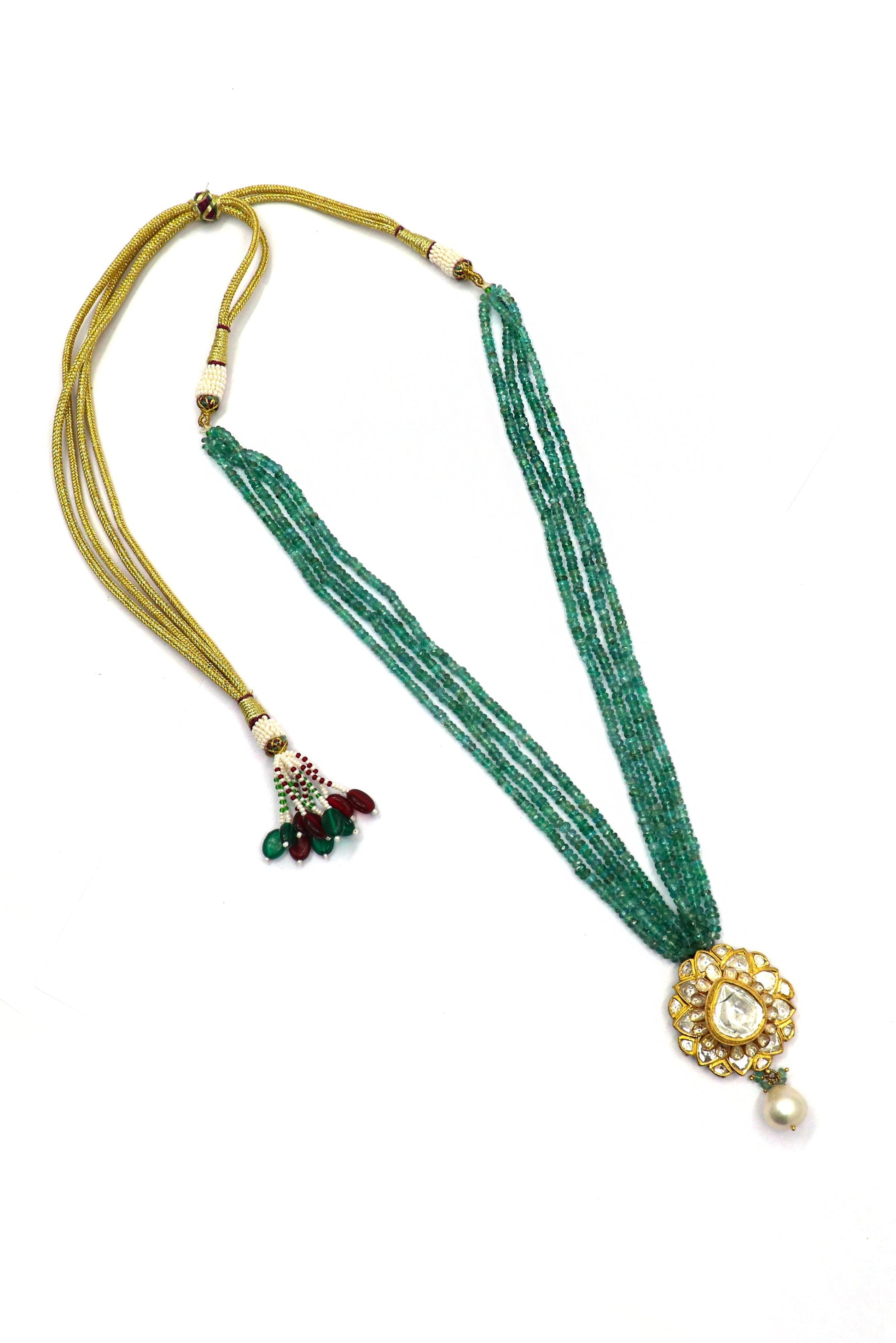 Dakshayani Necklace: Pure Gold Emerald Pearl With Polki Diamond Minakari Jadau Necklace - SurabhiJewels