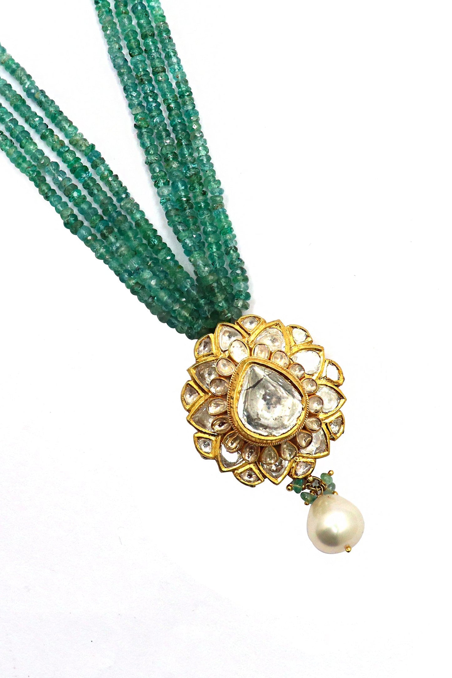 Dakshayani Necklace: Pure Gold Emerald Pearl With Polki Diamond Minakari Jadau Necklace - SurabhiJewels