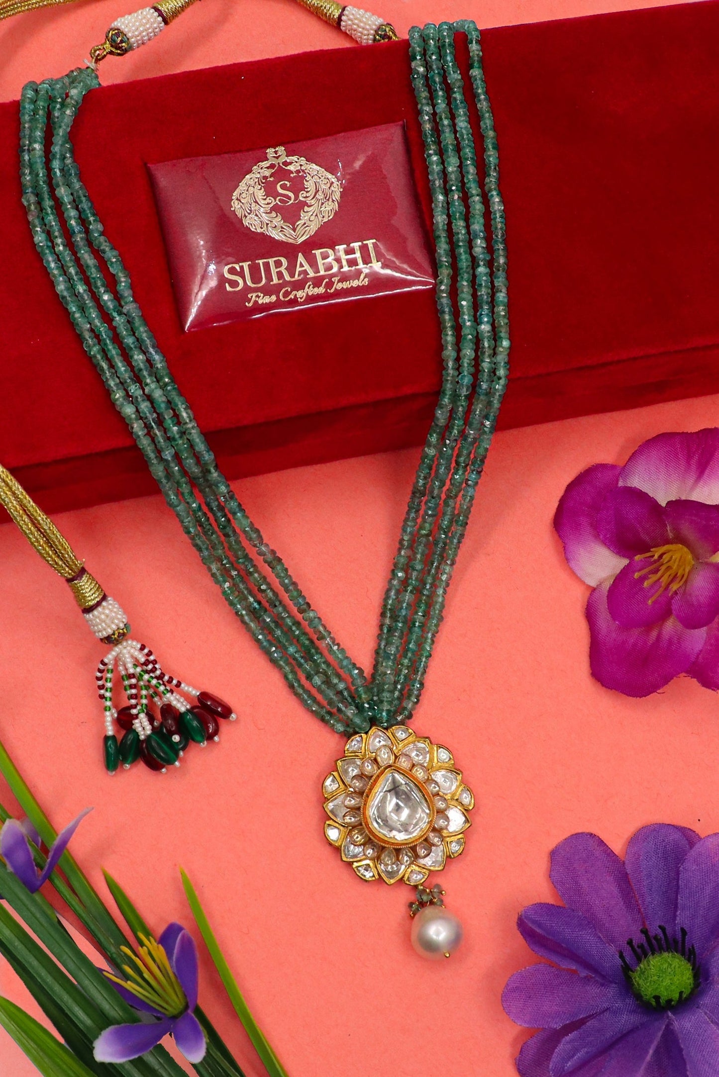 Dakshayani Necklace: Pure Gold Emerald Pearl With Polki Diamond Minakari Jadau Necklace - SurabhiJewels