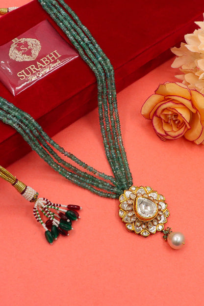 Dakshayani Necklace: Pure Gold Emerald Pearl With Polki Diamond Minakari Jadau Necklace - SurabhiJewels