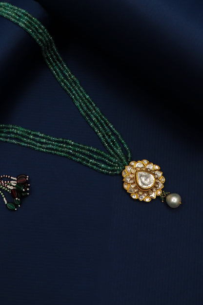 Dakshayani Necklace: Pure Gold Emerald Pearl With Polki Diamond Minakari Jadau Necklace - SurabhiJewels