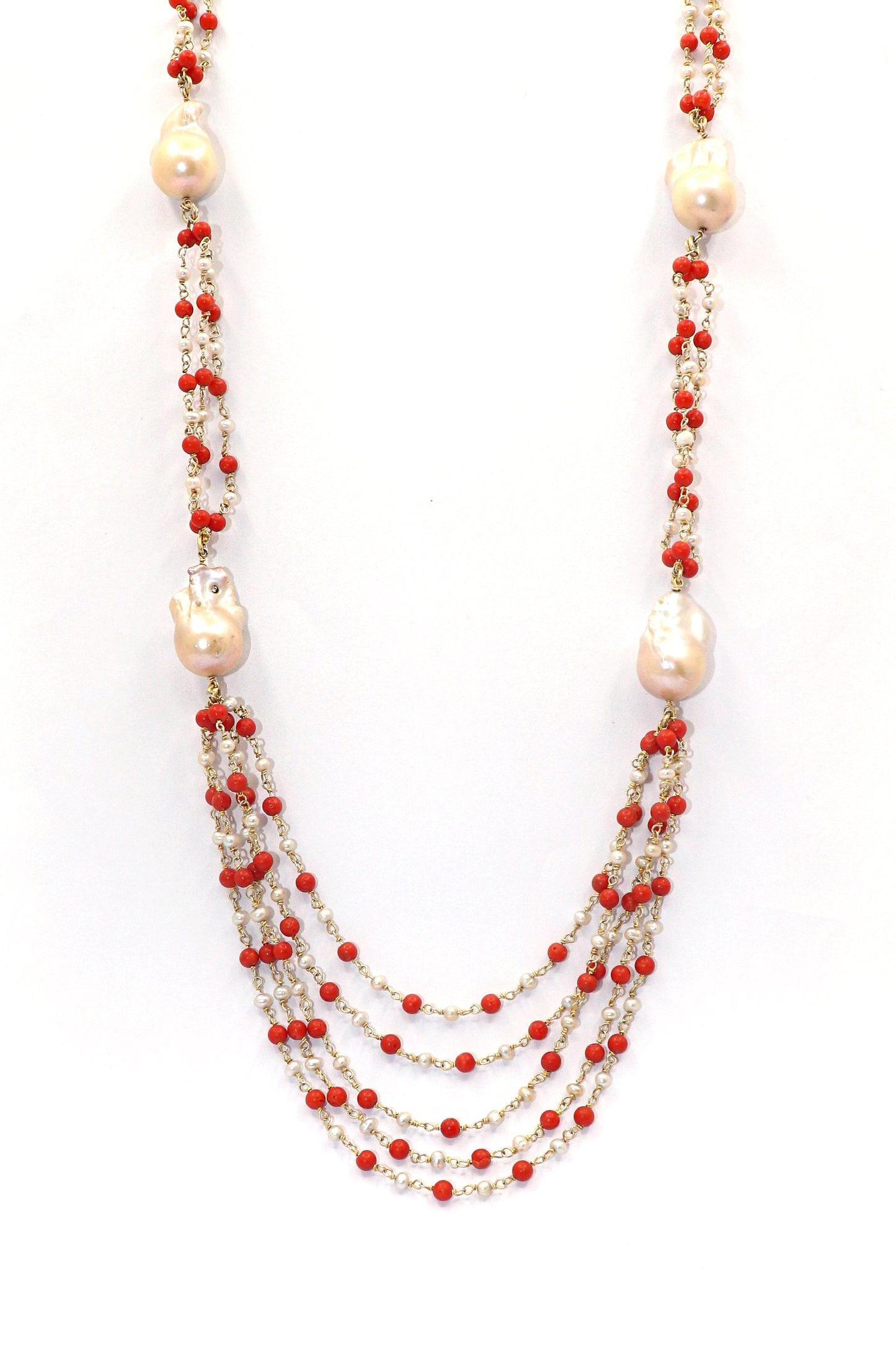 Dharini Necklace : PEARL, CORAL Gemstone Stanning Necklace - SurabhiJewels