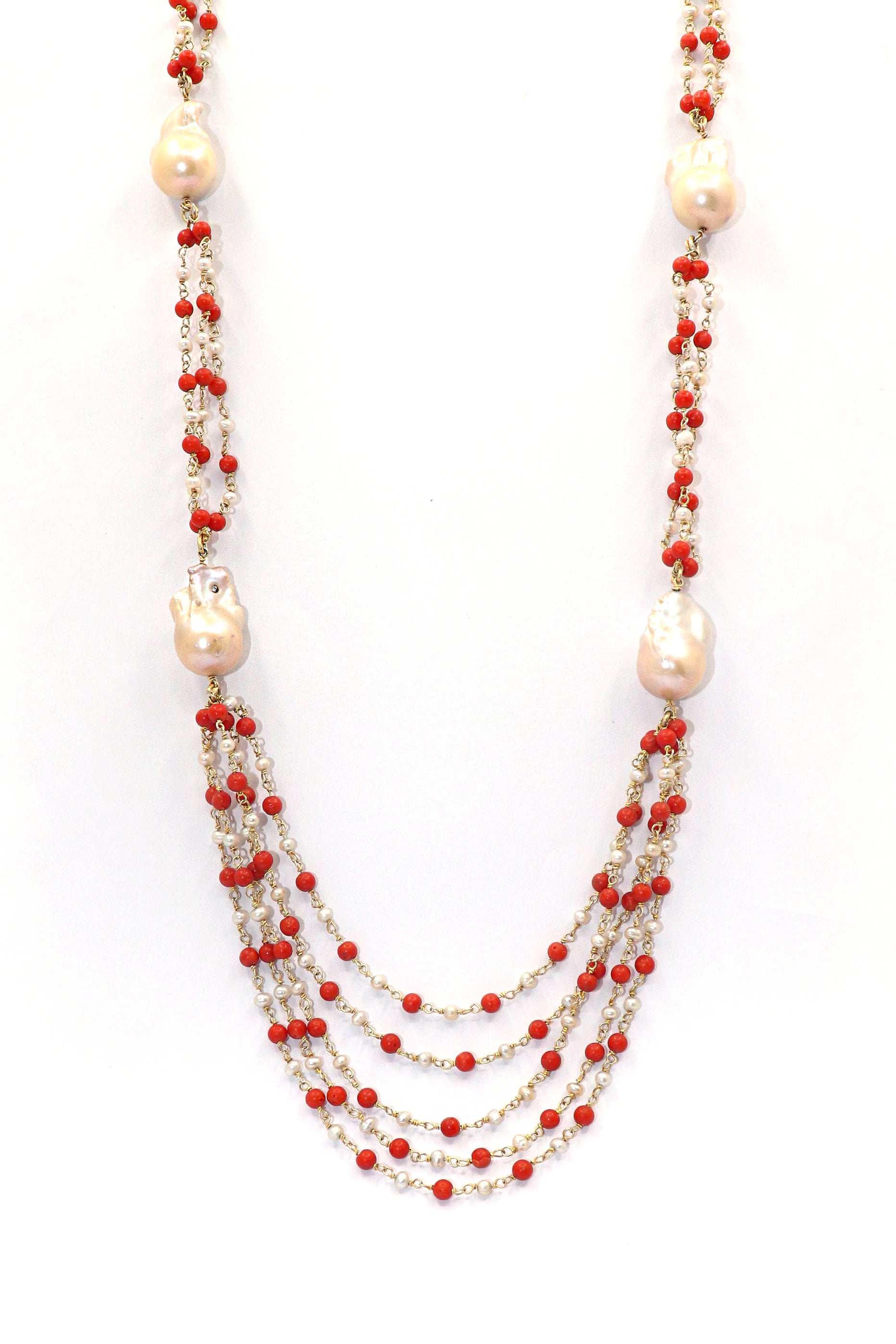 Dharini Necklace : PEARL, CORAL Gemstone Stanning Necklace - SurabhiJewels