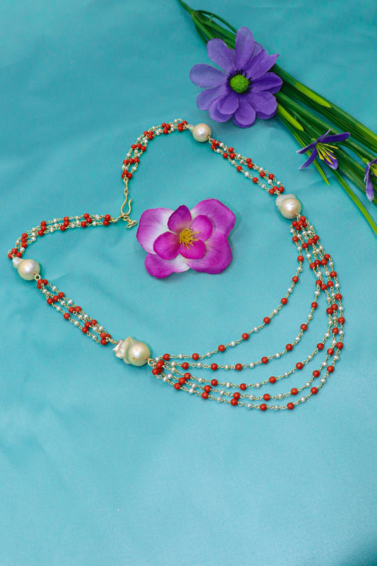 Dharini Necklace : PEARL, CORAL Gemstone Stanning Necklace - SurabhiJewels