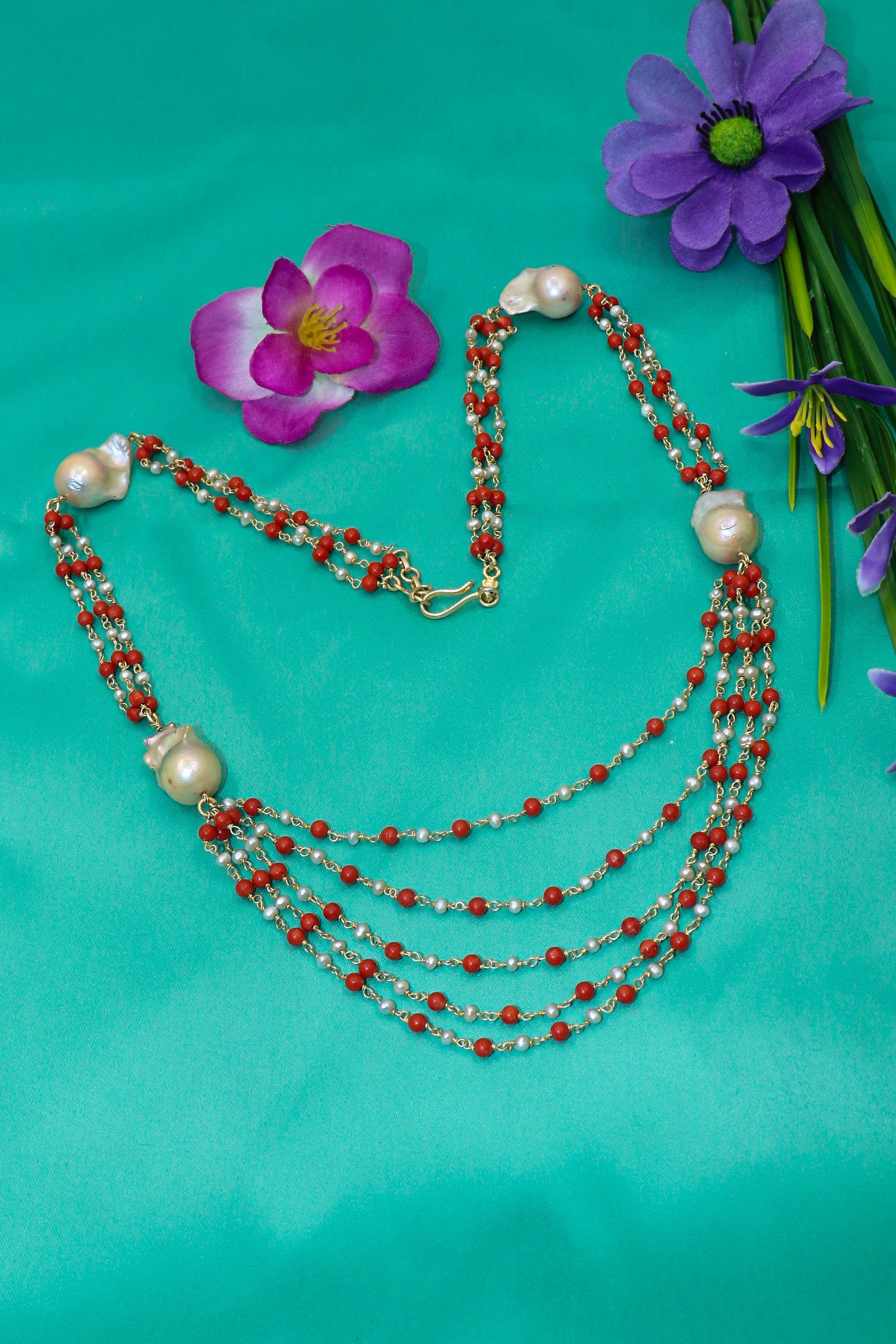 Dharini Necklace : PEARL, CORAL Gemstone Stanning Necklace - SurabhiJewels