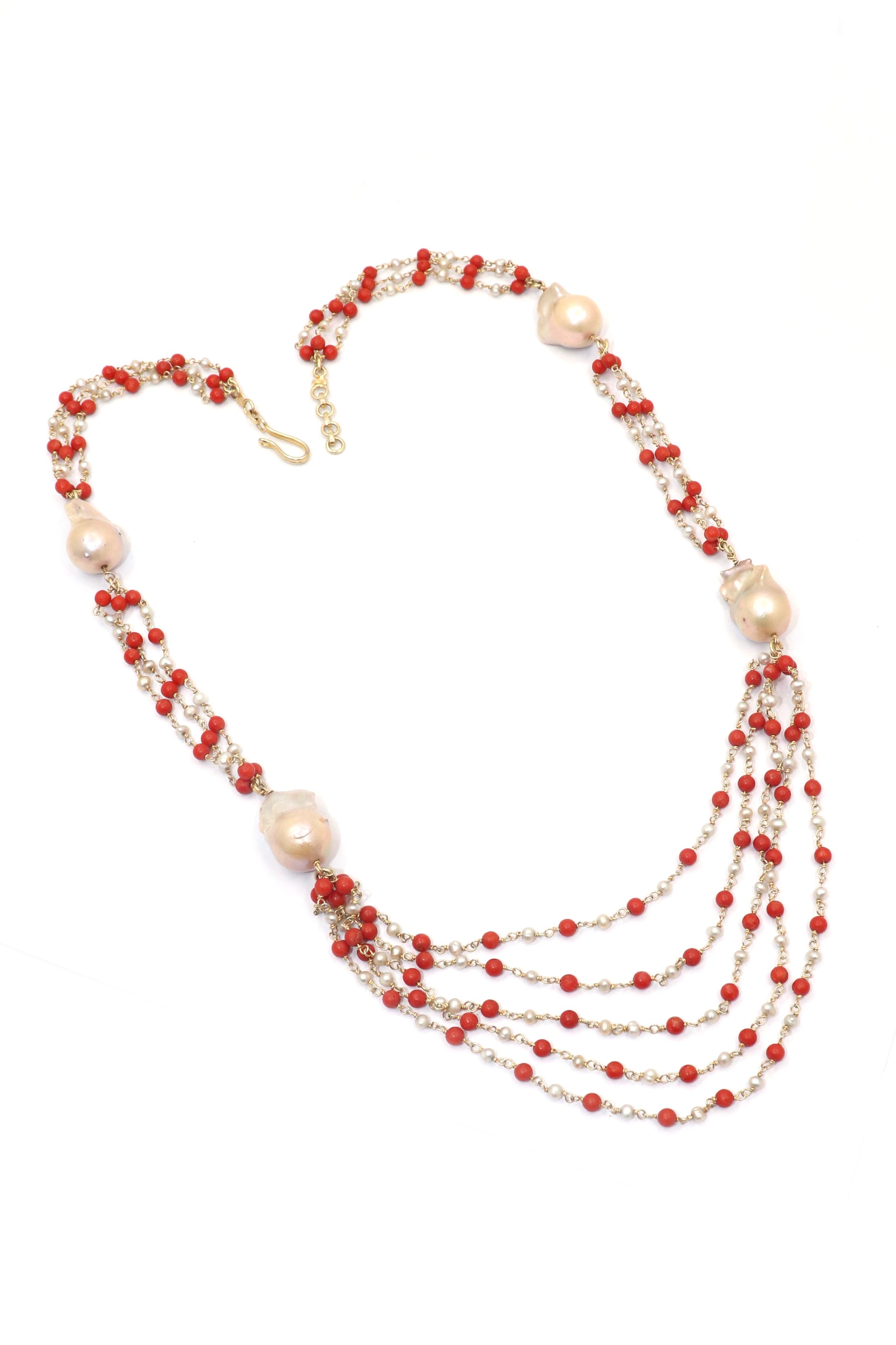 Dharini Necklace : PEARL, CORAL Gemstone Stanning Necklace - SurabhiJewels