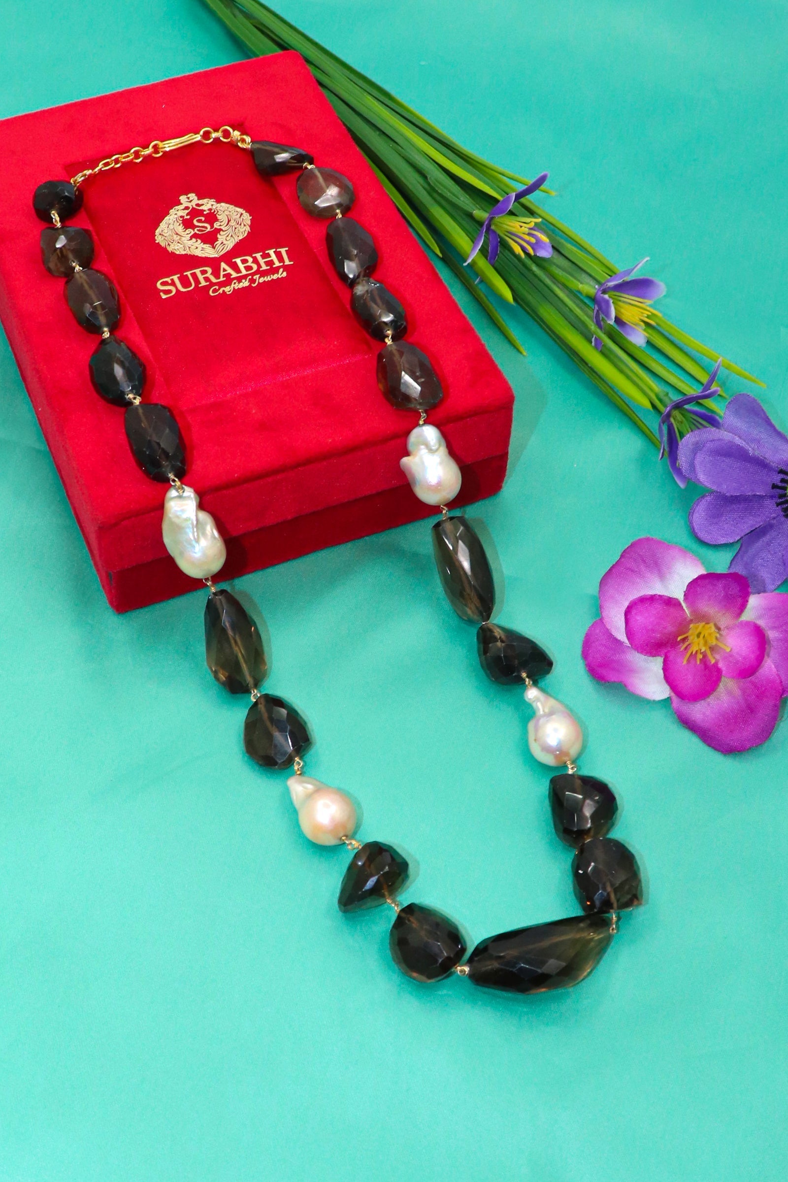 Dhatri Necklace : PEARL, SMOKY Quartz Gemstone Long Necklace - SurabhiJewels