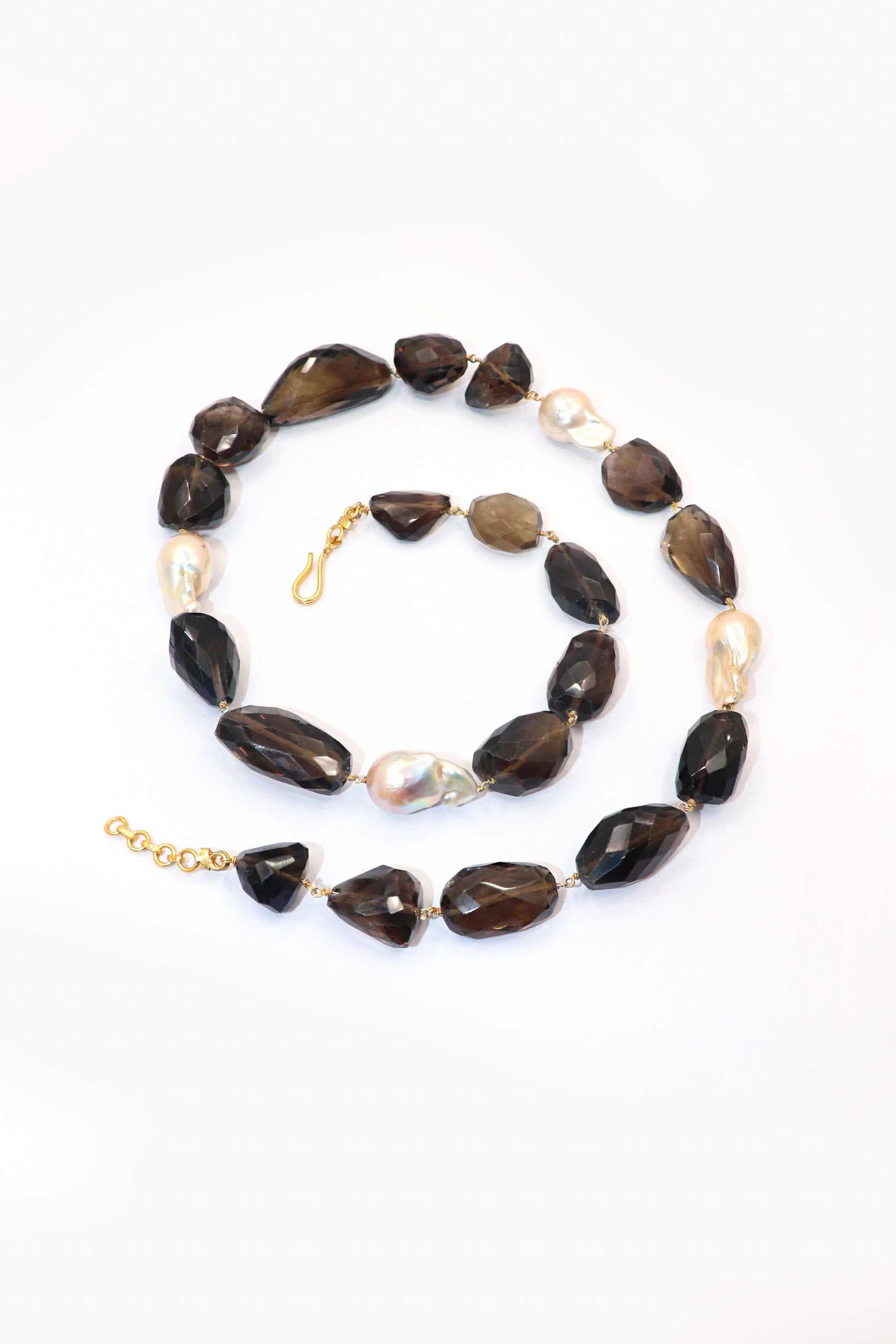 Dhatri Necklace : PEARL, SMOKY Quartz Gemstone Long Necklace - SurabhiJewels