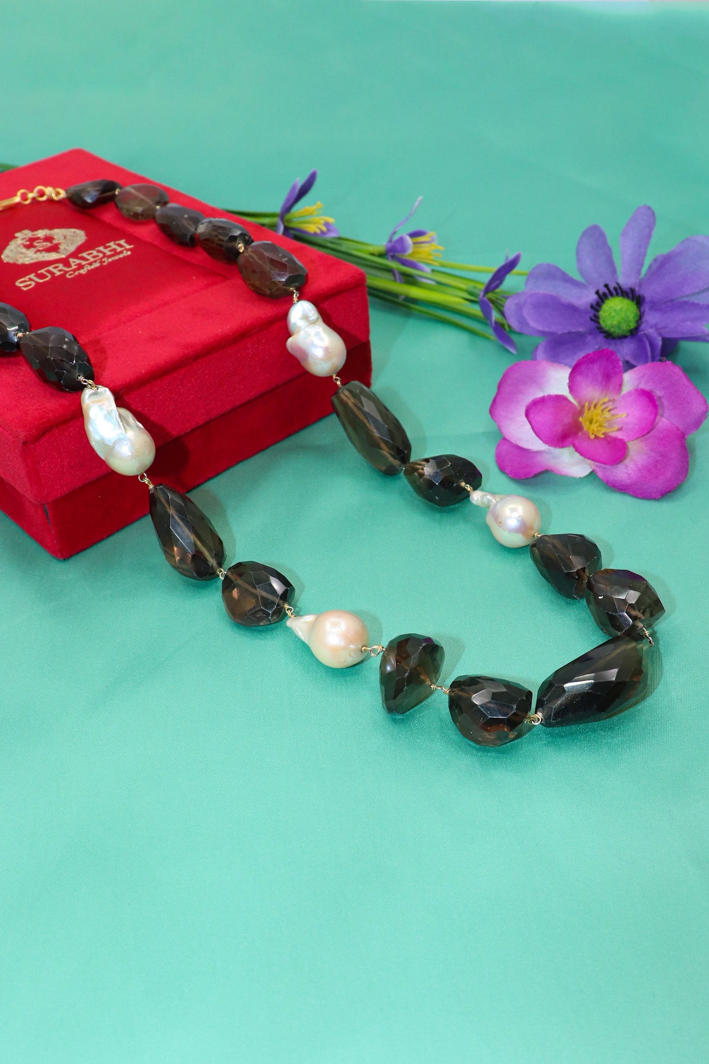 Dhatri Necklace : PEARL, SMOKY Quartz Gemstone Long Necklace - SurabhiJewels