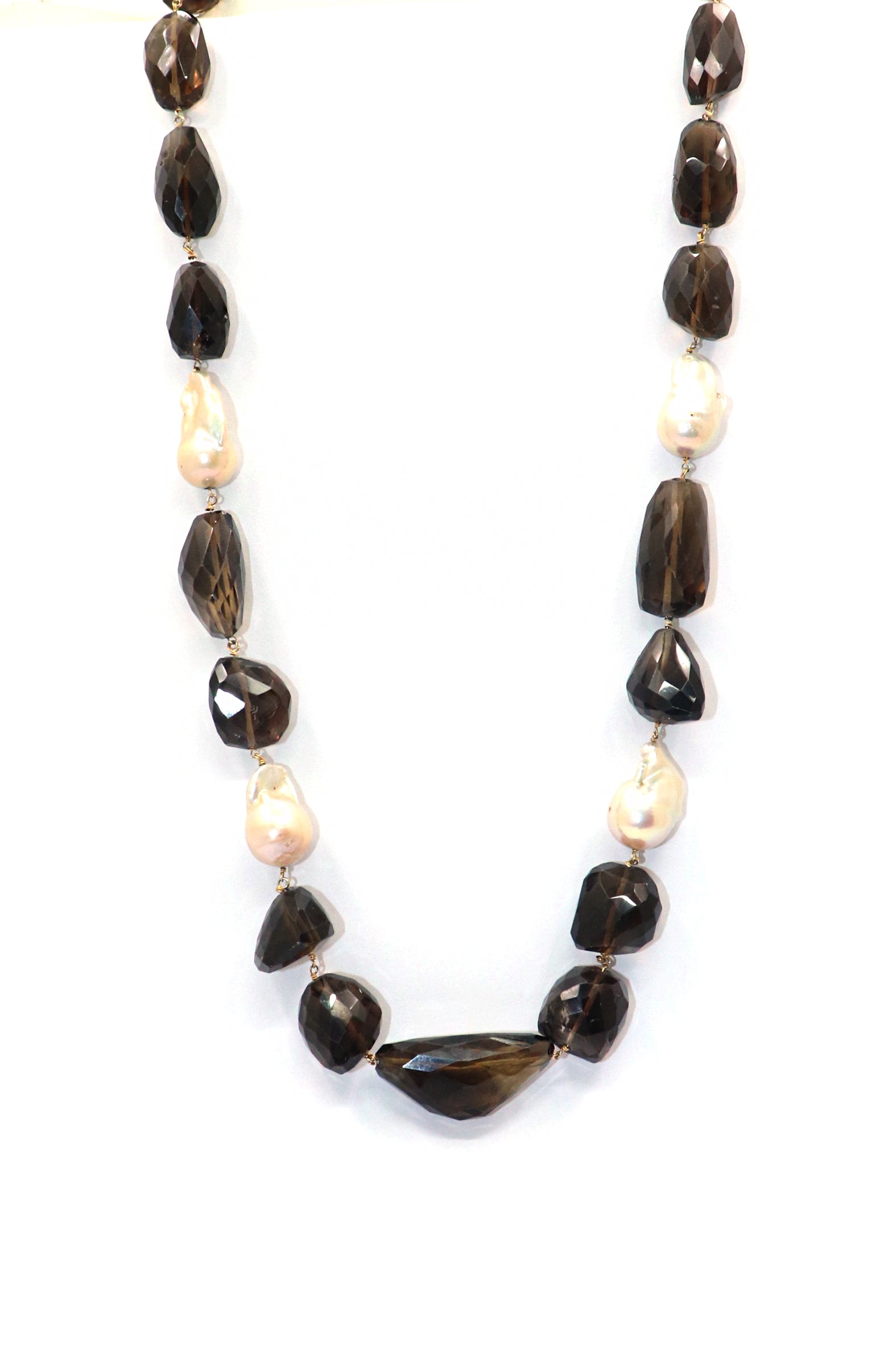 Dhatri Necklace : PEARL, SMOKY Quartz Gemstone Long Necklace - SurabhiJewels