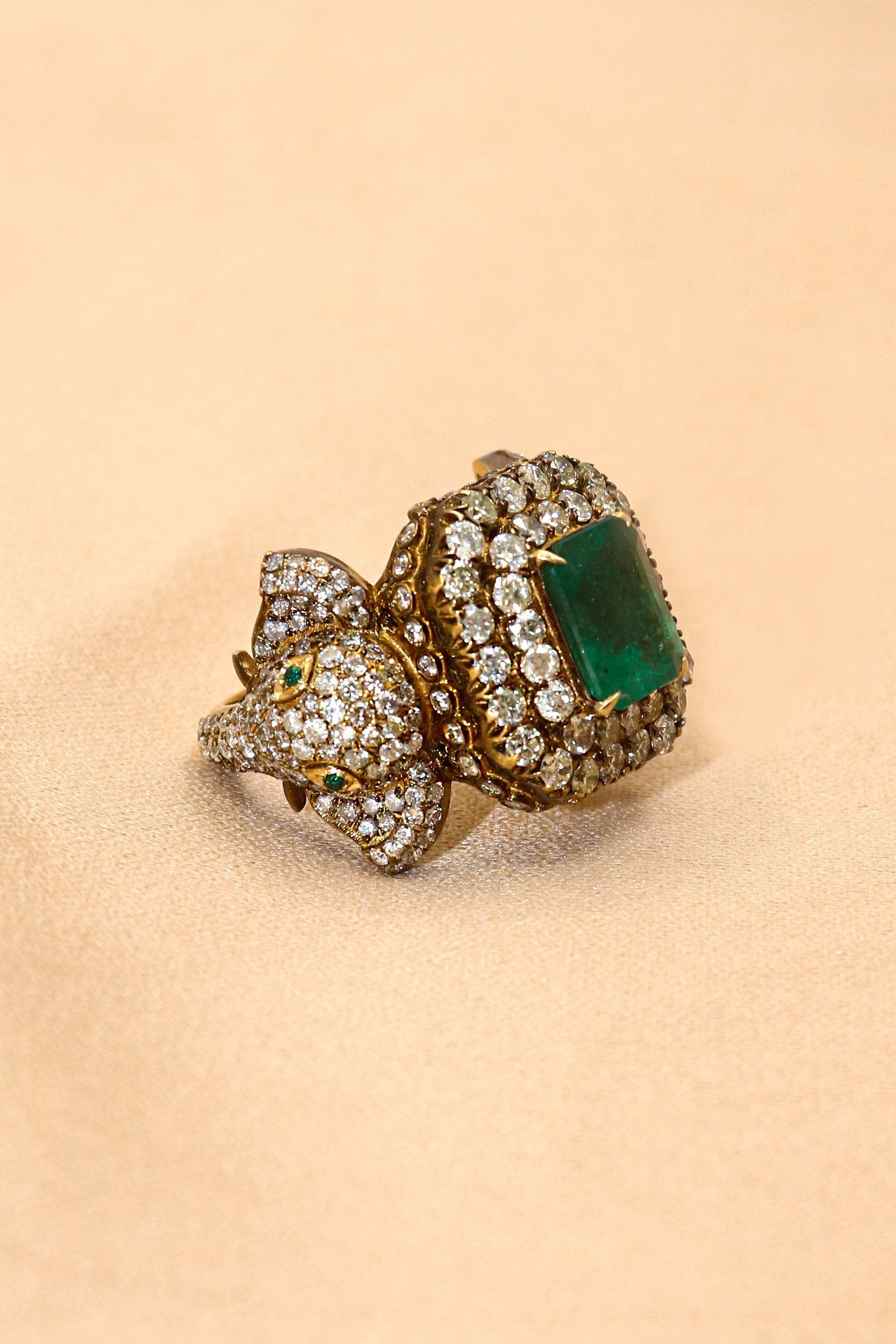 Elephant Design Royal Touch Diamond with Emerald Gemstones Ring - SurabhiJewels