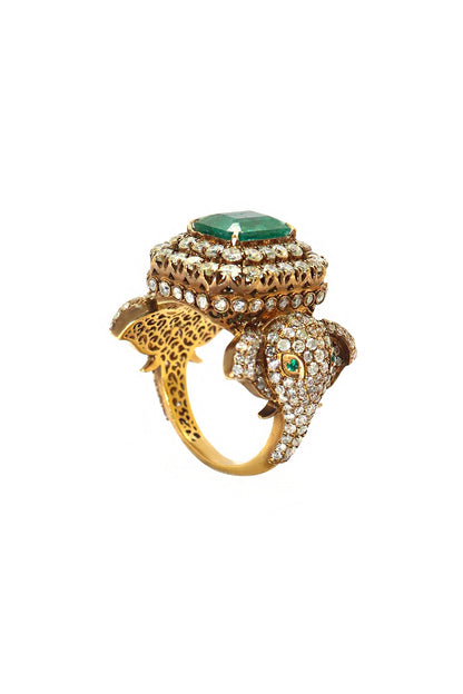 Elephant Design Royal Touch Diamond with Emerald Gemstones Ring - SurabhiJewels