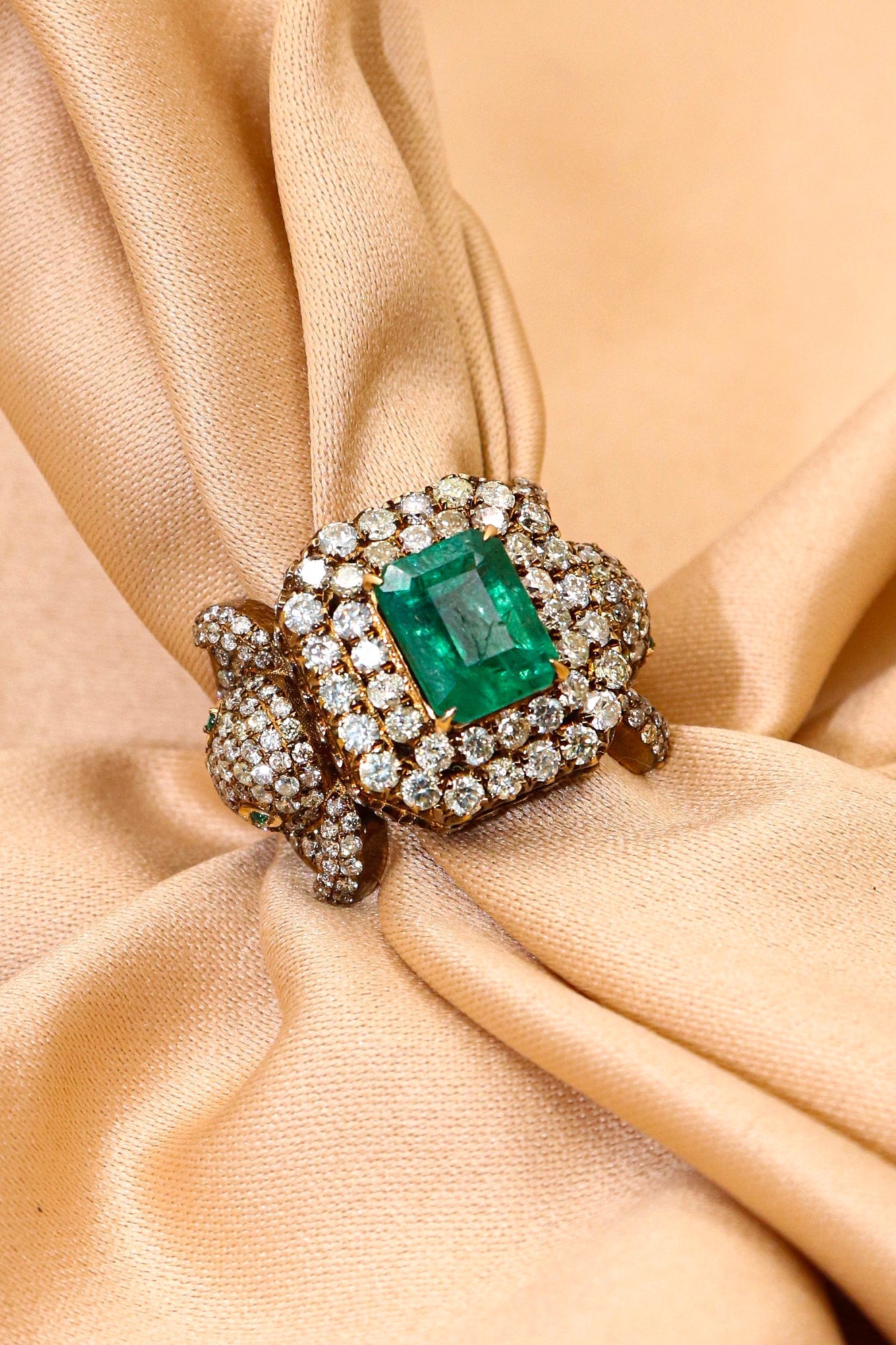 Elephant Design Royal Touch Diamond with Emerald Gemstones Ring - SurabhiJewels