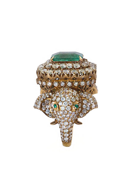 Elephant Design Royal Touch Diamond with Emerald Gemstones Ring - SurabhiJewels